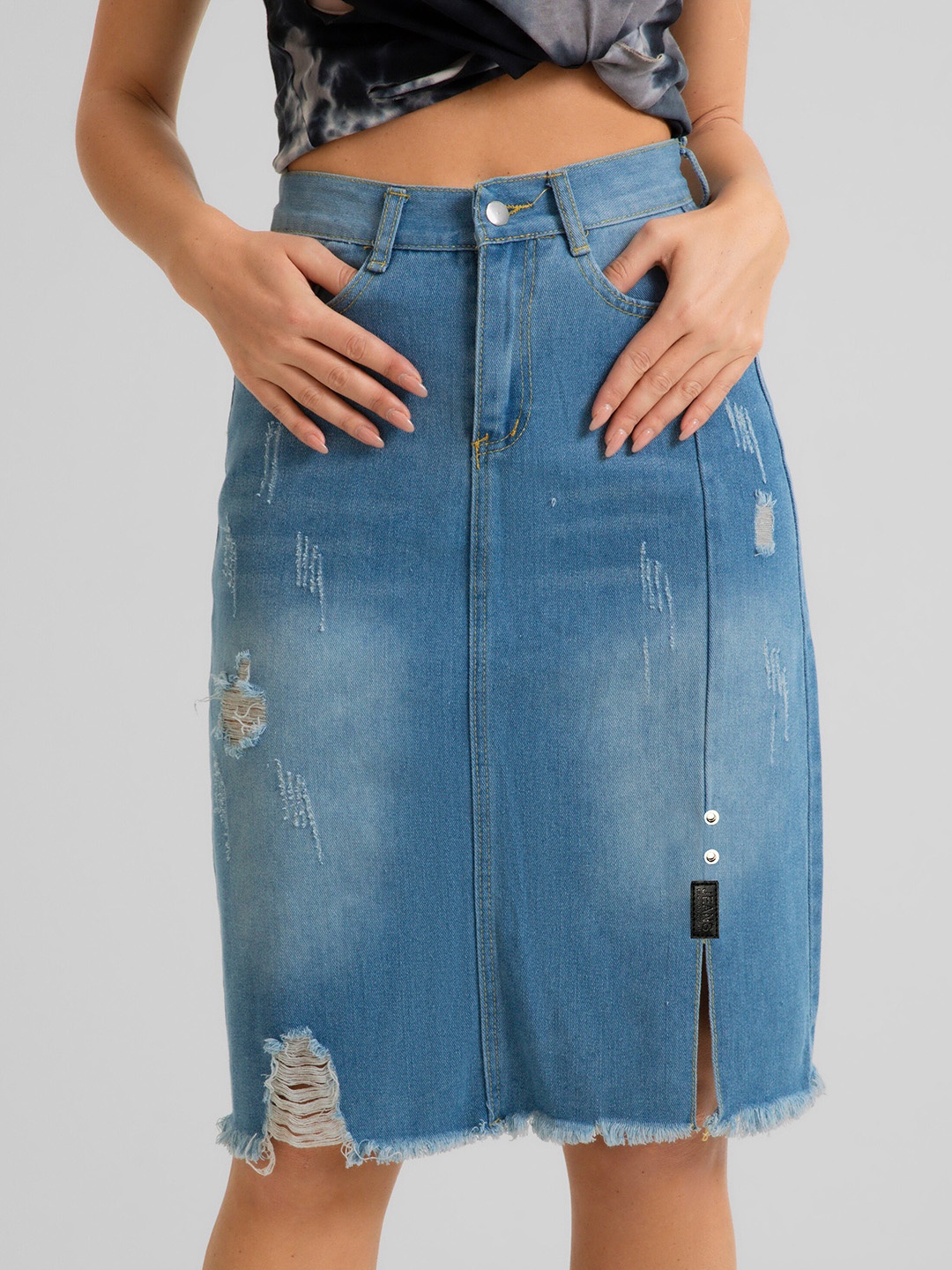 

URBANIC Women Blue Solid A-Line Knee Length Cotton Denim Skirts