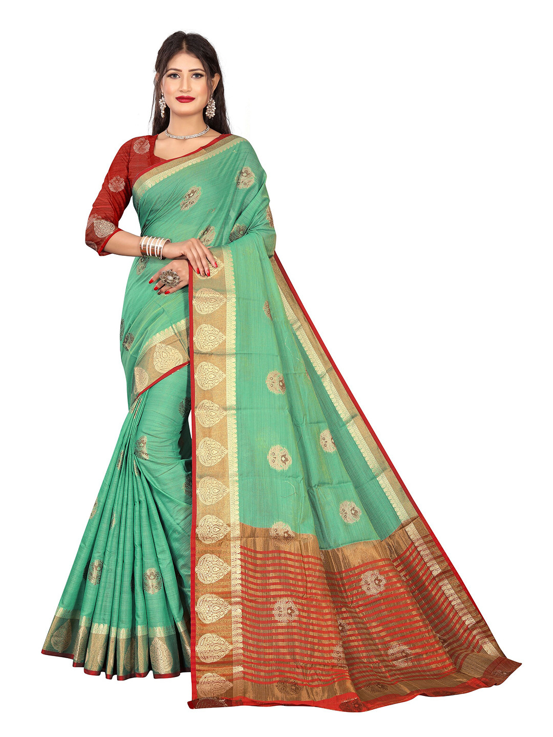 

Rivana Green & Red Woven Design Zari Pure Cotton Chanderi Saree