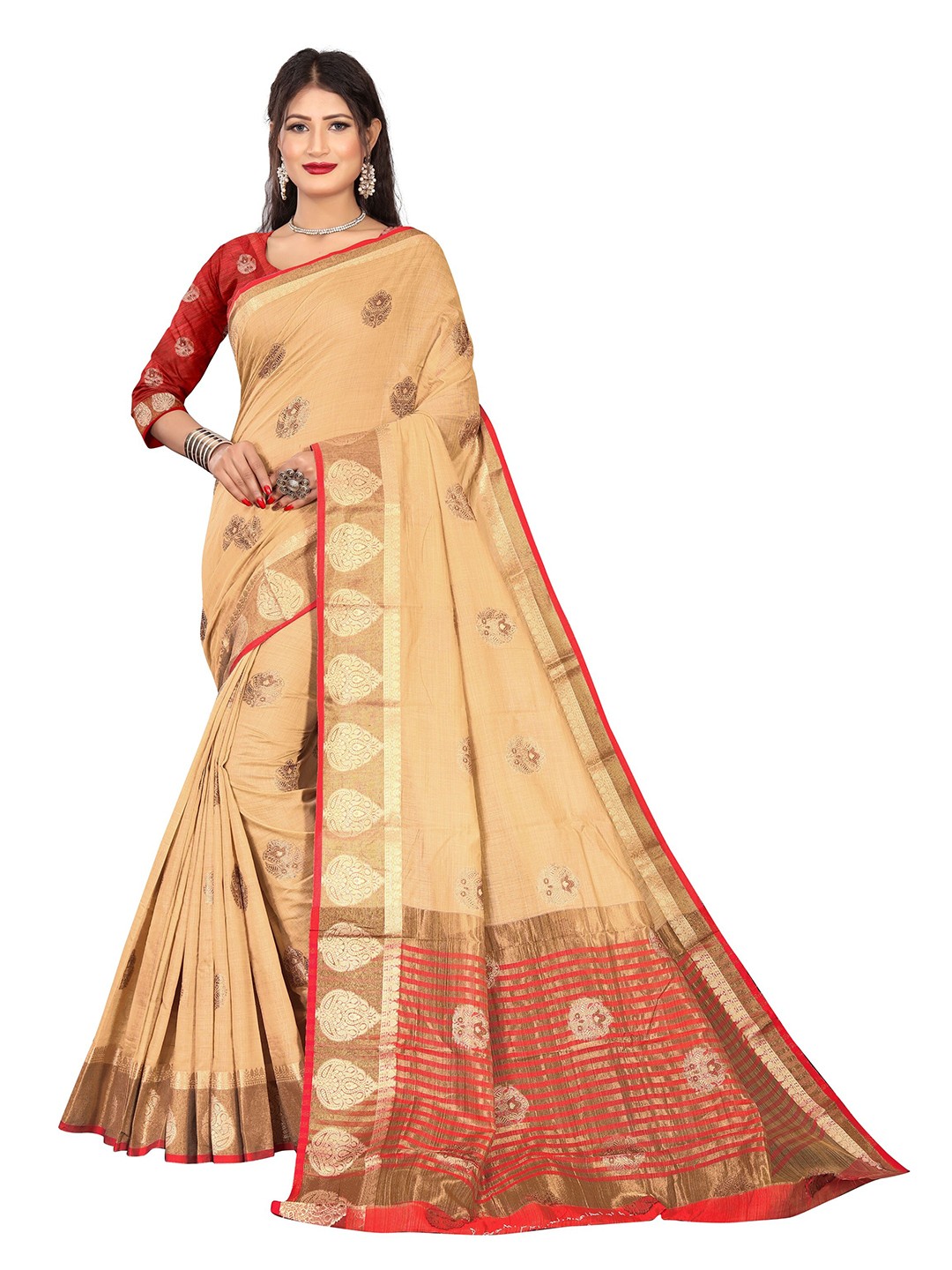 

Rivana Cream-Coloured & Red Woven Design Zari Pure Cotton Chanderi Saree