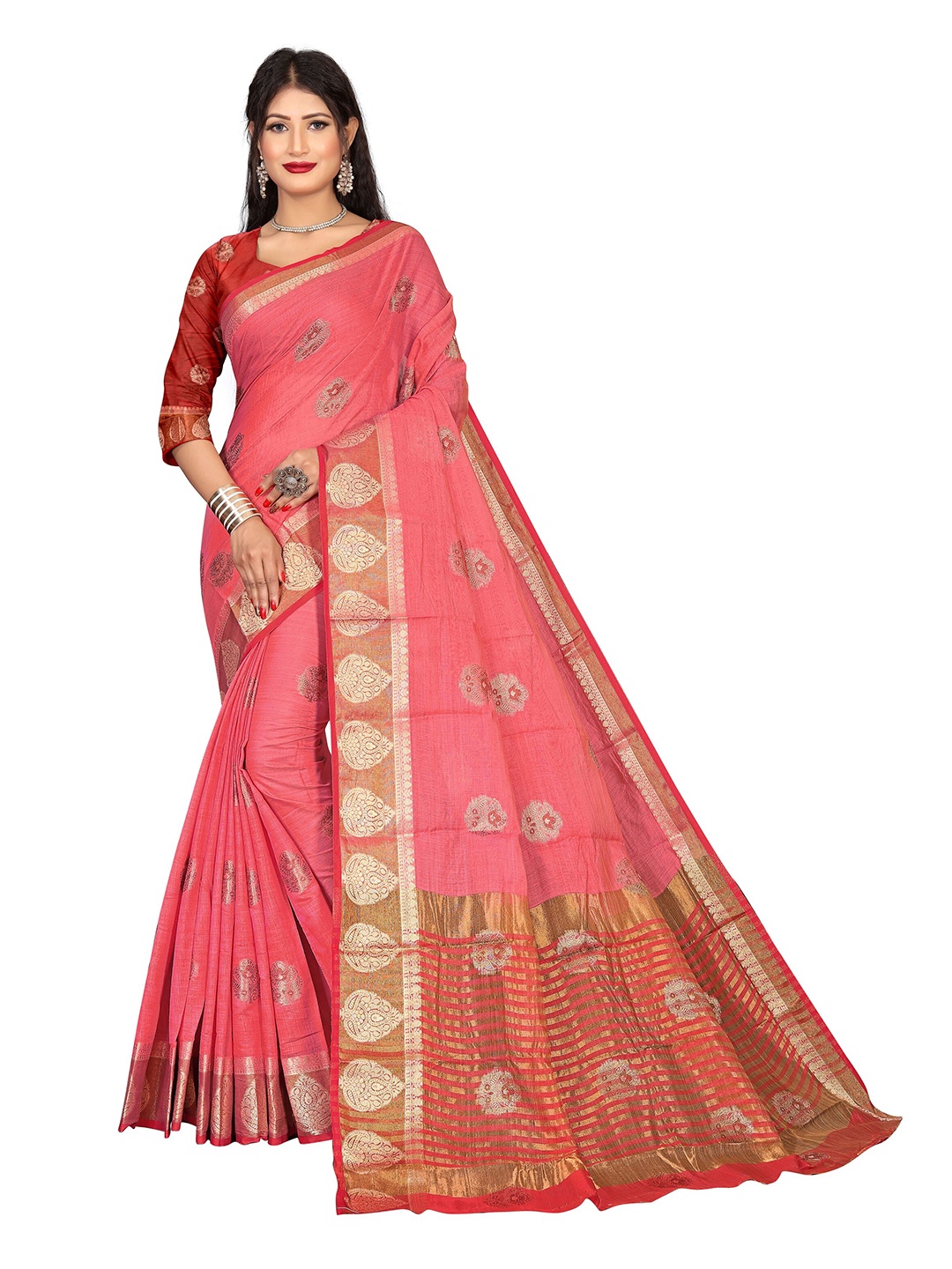 

Rivana Pink & Gold-Toned Woven Design Zari Pure Cotton Chanderi Saree