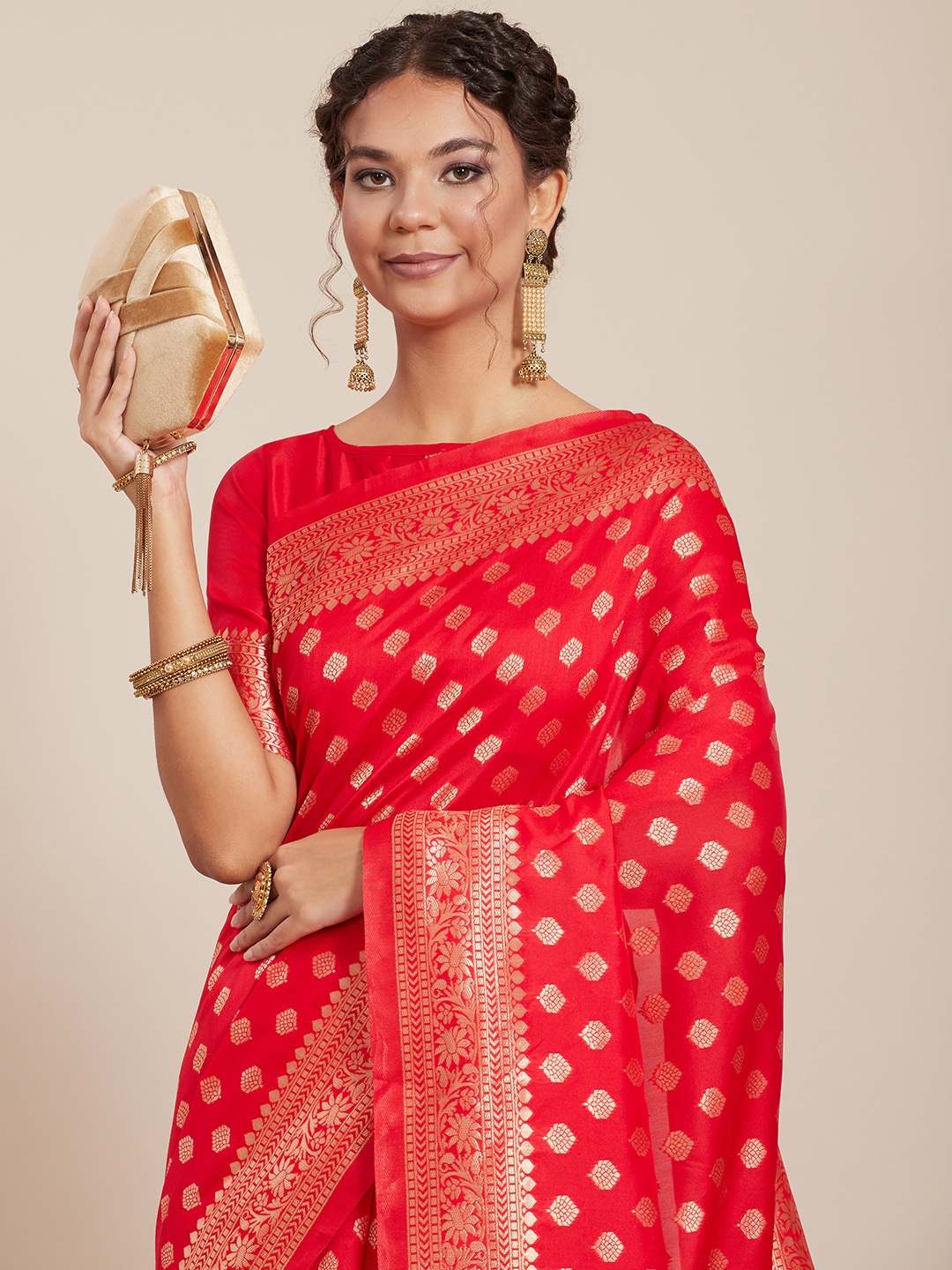 

Tikhi Imli Red Woven Design Silk Blend Banarasi Saree