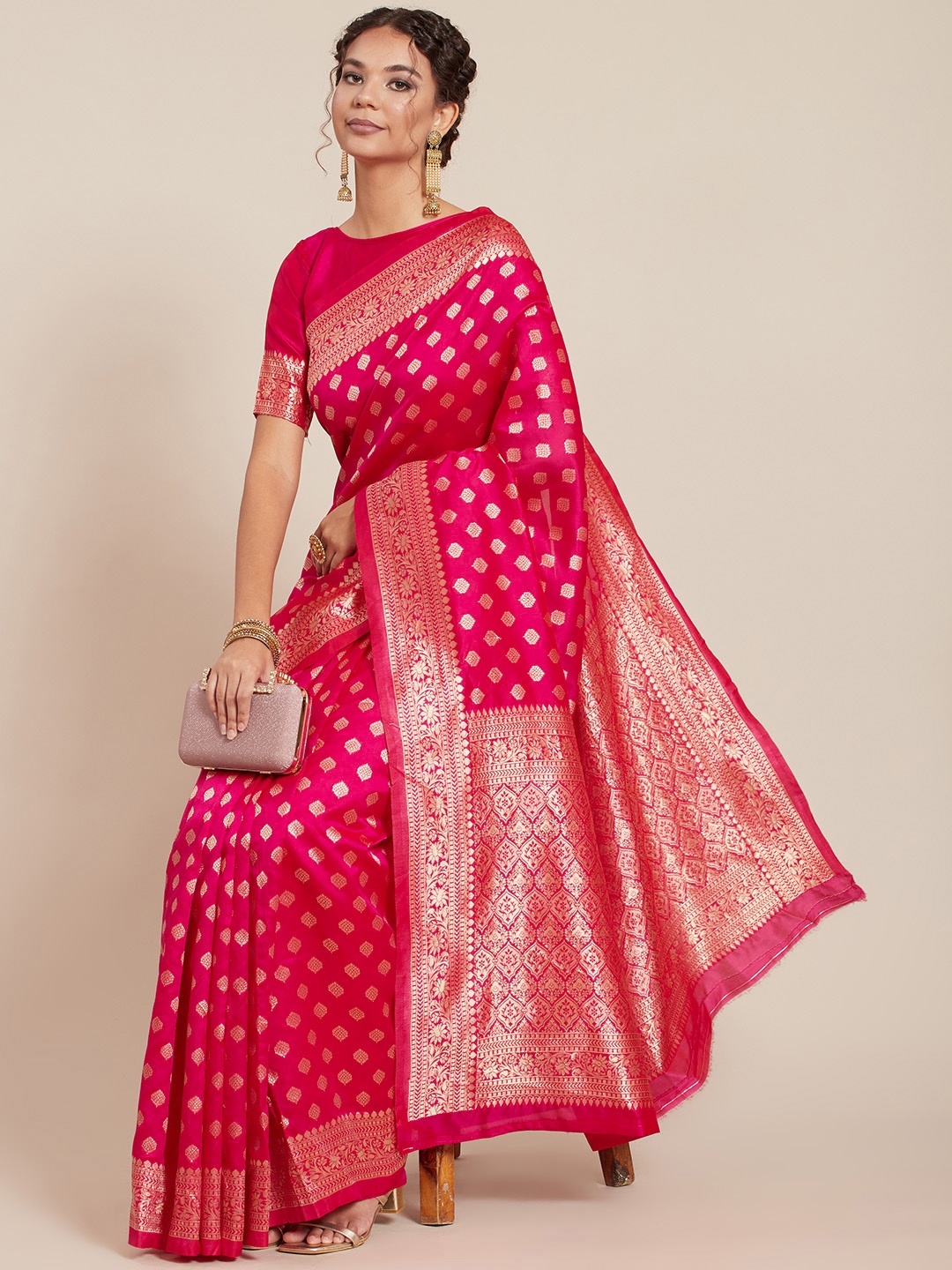 

Tikhi Imli Fuchsia Woven Design Silk Blend Banarasi Saree