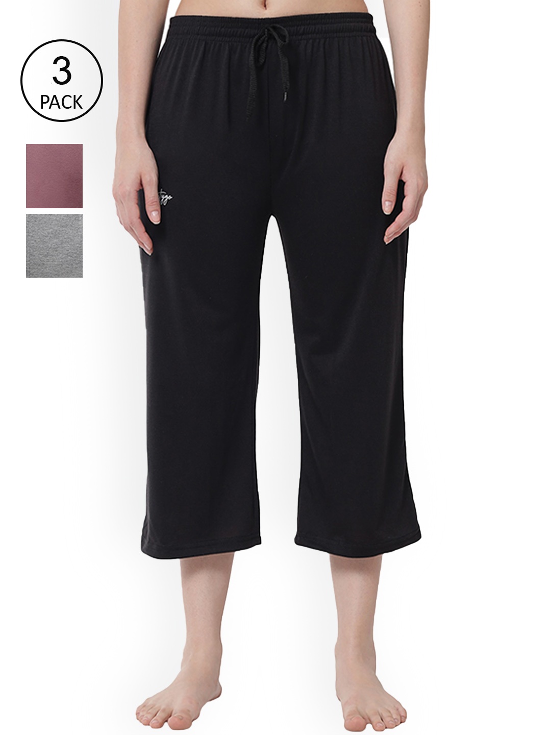 

FFLIRTYGO Women Pack Of 3 Solid Lounge Capris, Black
