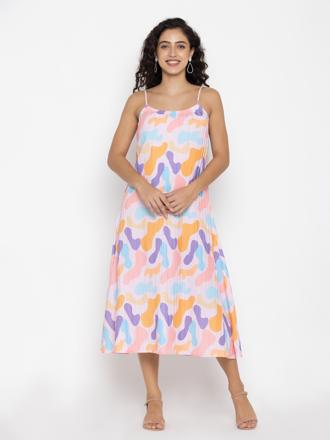 

SEW YOU SOON White & Orange Crepe A-Line Midi Dress