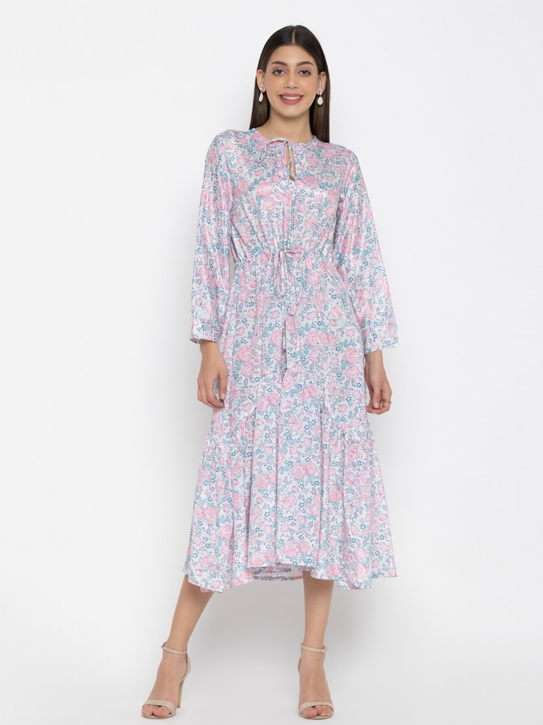 

SEW YOU SOON White & Pink Floral Tie-Up Neck Chiffon Midi Dress