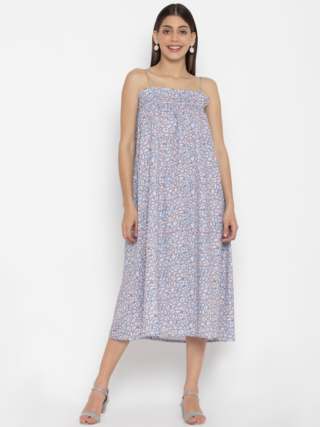 

SEW YOU SOON Blue Floral Crepe A-Line Relex Fit Midi Dress