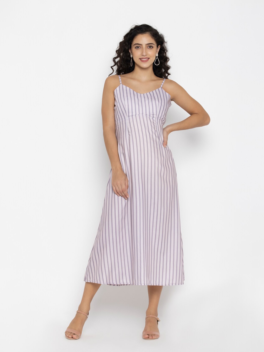 

SEW YOU SOON Women Grey & Cream-Coloured Striped A-Line Midi Dress