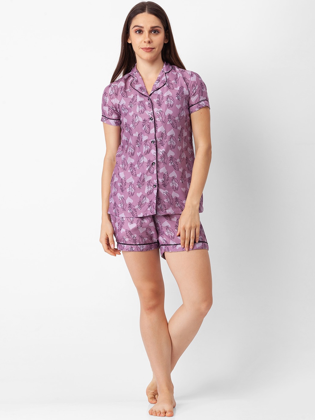 

NOIRA Women Purple & Black Printed Night suit