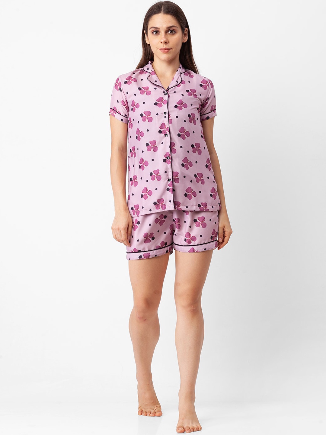 

NOIRA Women Pink & Black Printed Night suit 158D_SH_Pink Polka Flower_NO