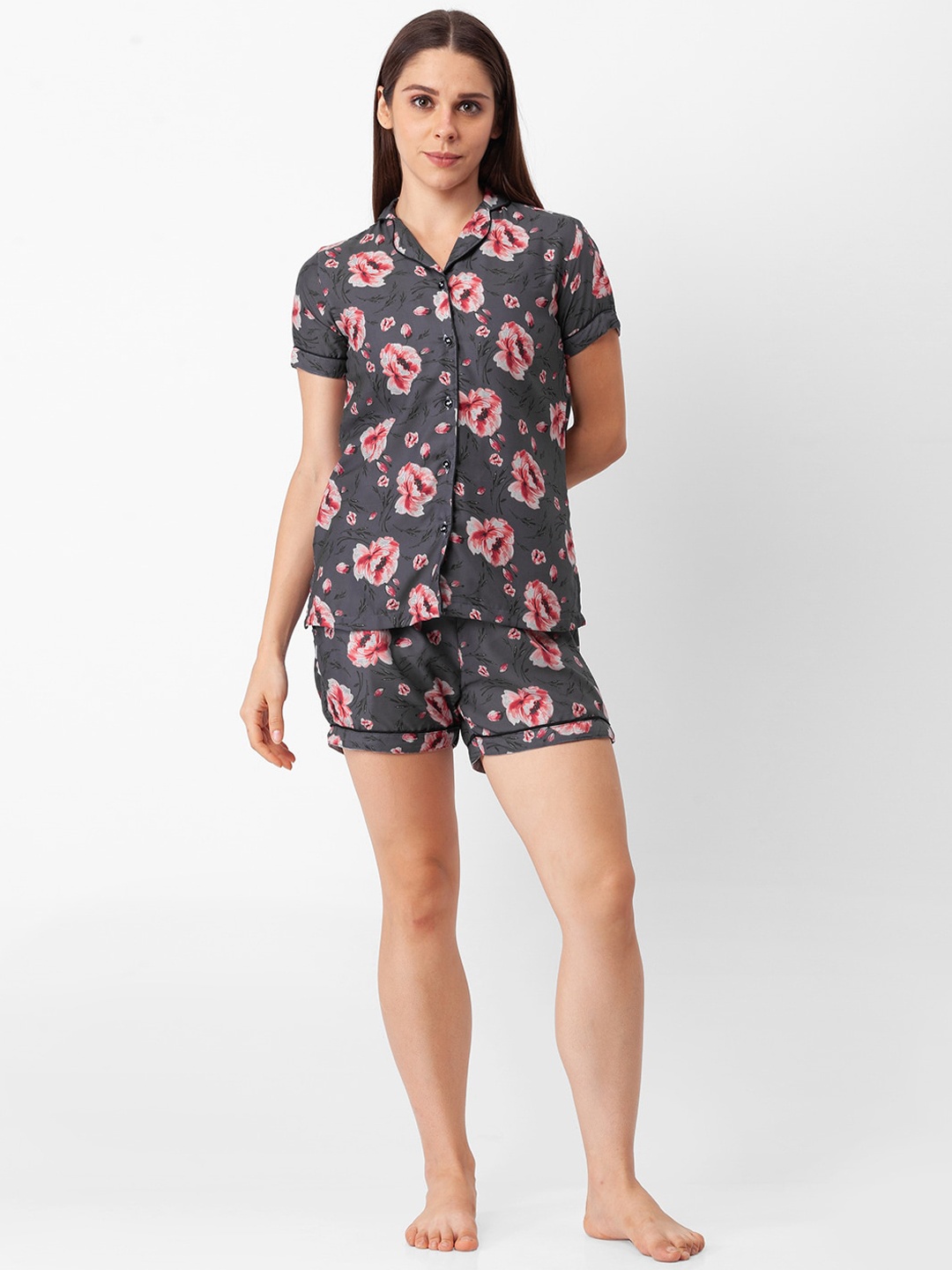 

NOIRA Women Grey & Pink Floral Printed Cotton Night suit-153D_SH_Grey Pink Roses_NO-Grey