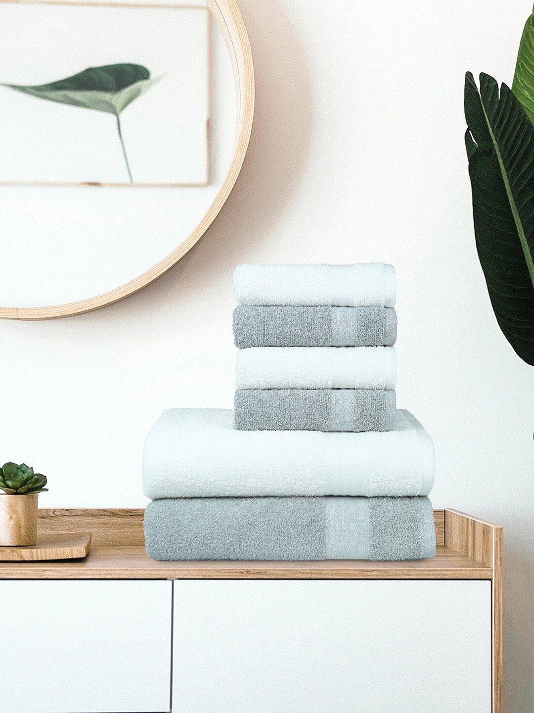 

Trident Set Of 6 White & Grey Solid 400 GSM Soft & Plush Cotton Towel Set