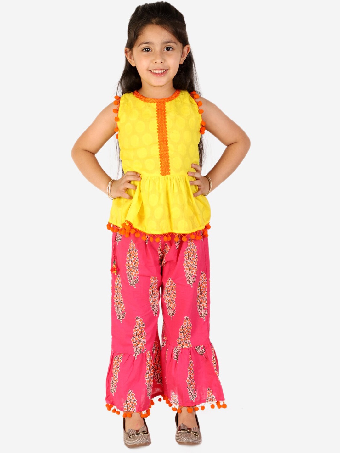 

KID1 Girls Yellow Ethnic Motifs Pleated Pure Cotton Kurti with Sharara