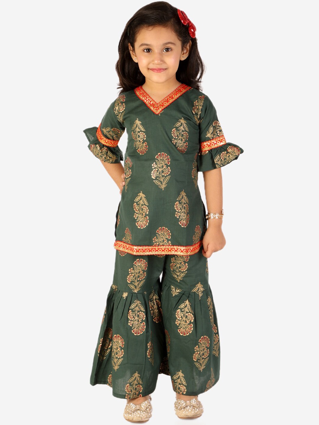 

KID1 Girls Green Ethnic Motifs Printed Pure Cotton Kurti with Palazzos
