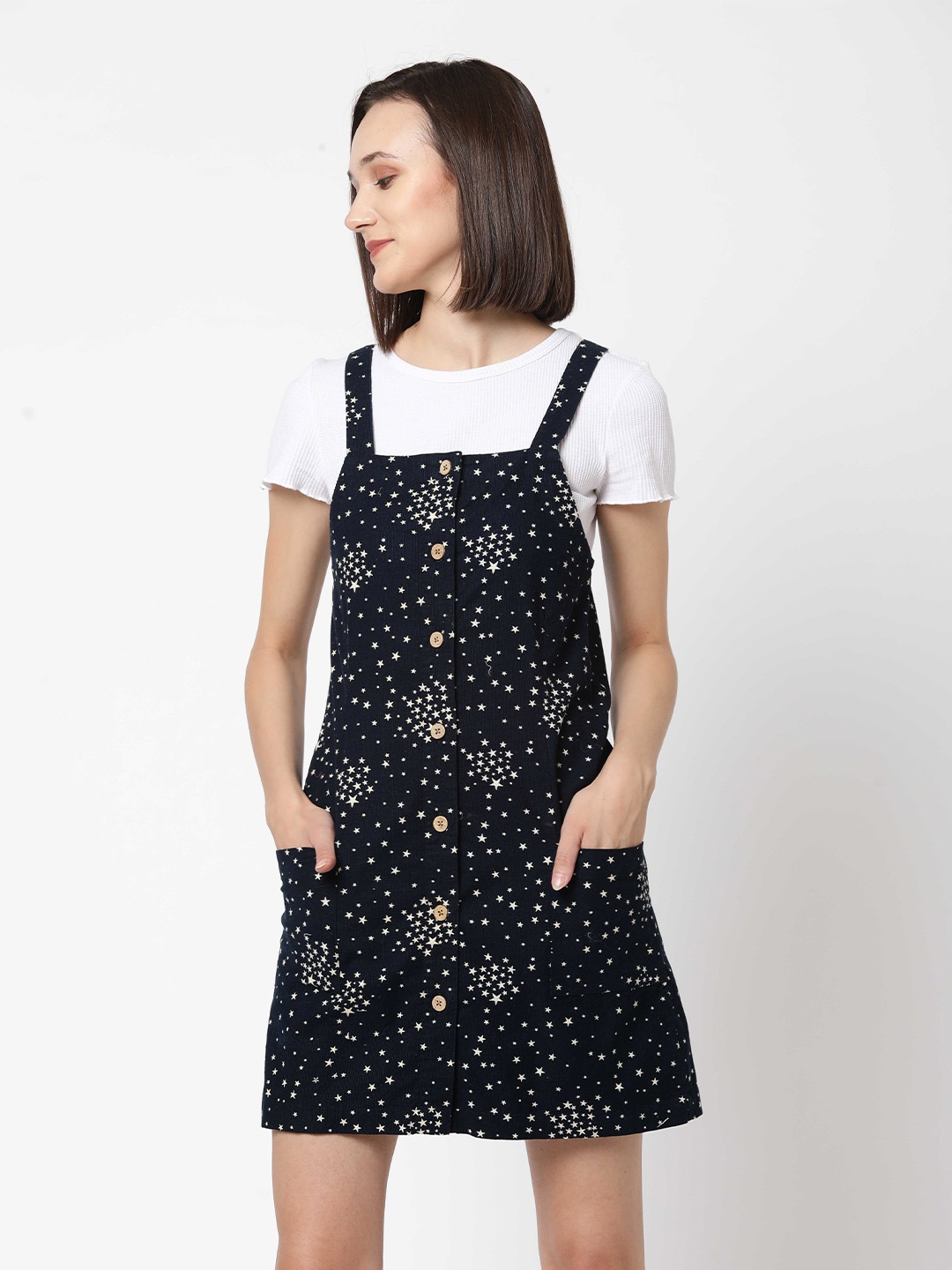 

VASTRADO Navy Blue Floral Pinafore Mini Dress