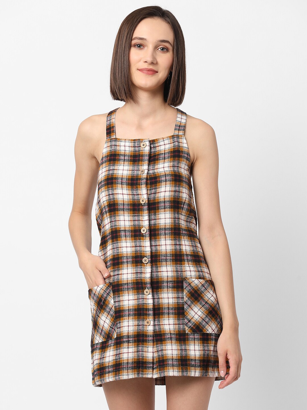 VASTRADO White & Brown Checked A-Line Mini Dress