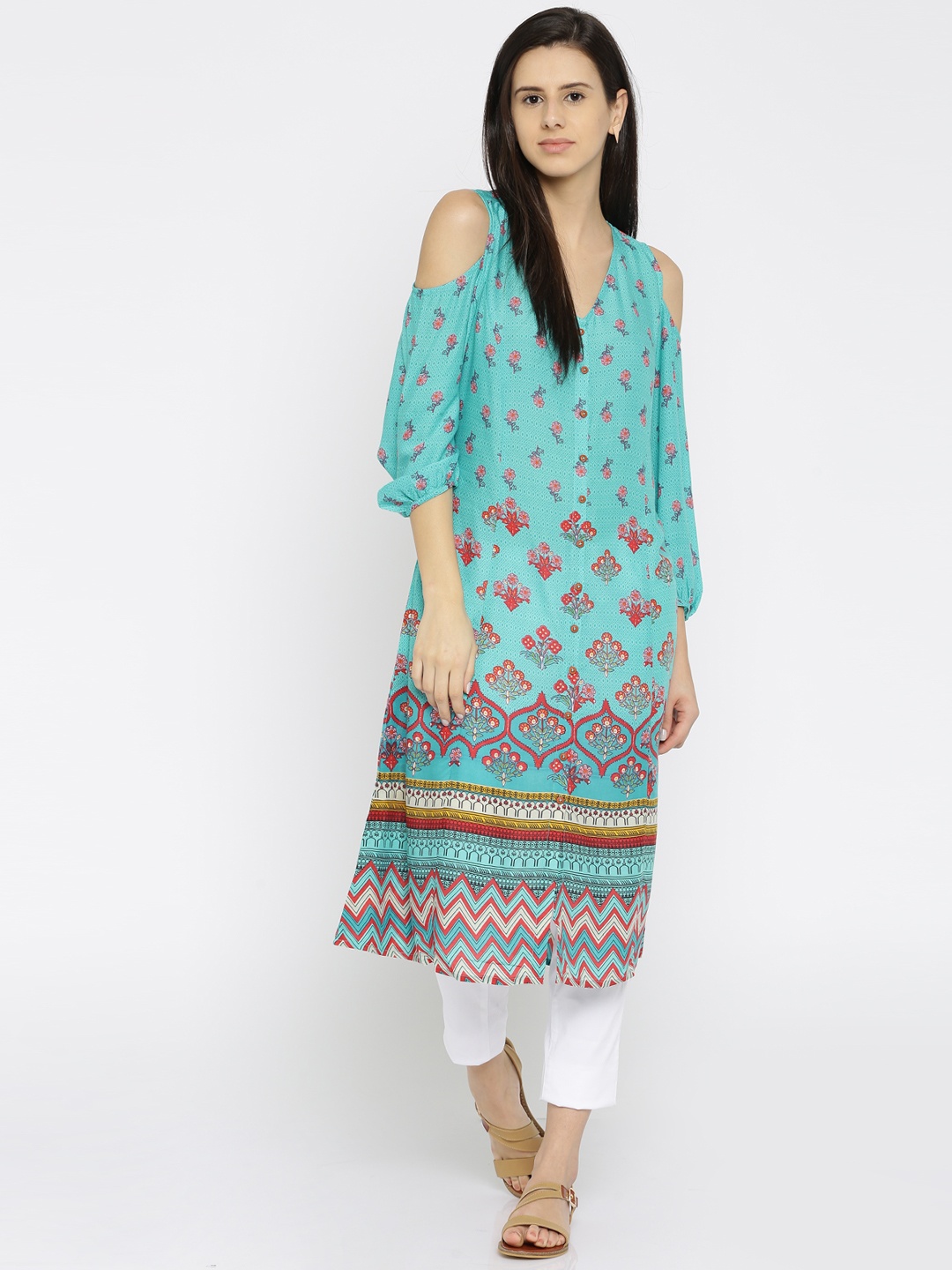 

Global Desi Women Blue Printed A-Line Kurta