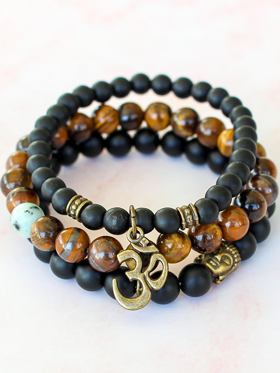 

Young & Forever Unisex 3 Black & Brown Tigers Eye Gold-Plated Bracelet