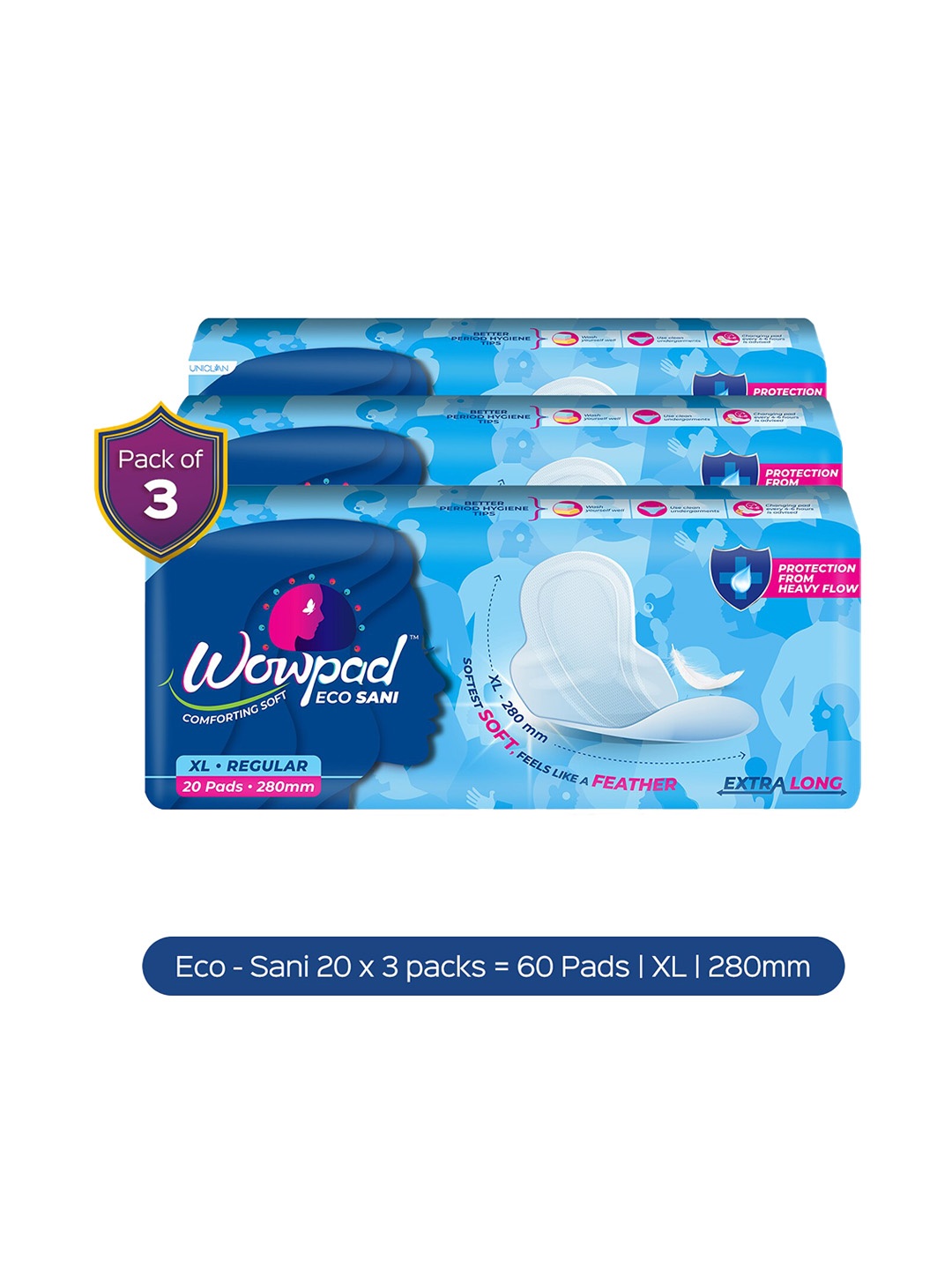 

Wowpad Women Pack Of 3 Blue Feminine Hygiene Sanitary XL 60 Pads