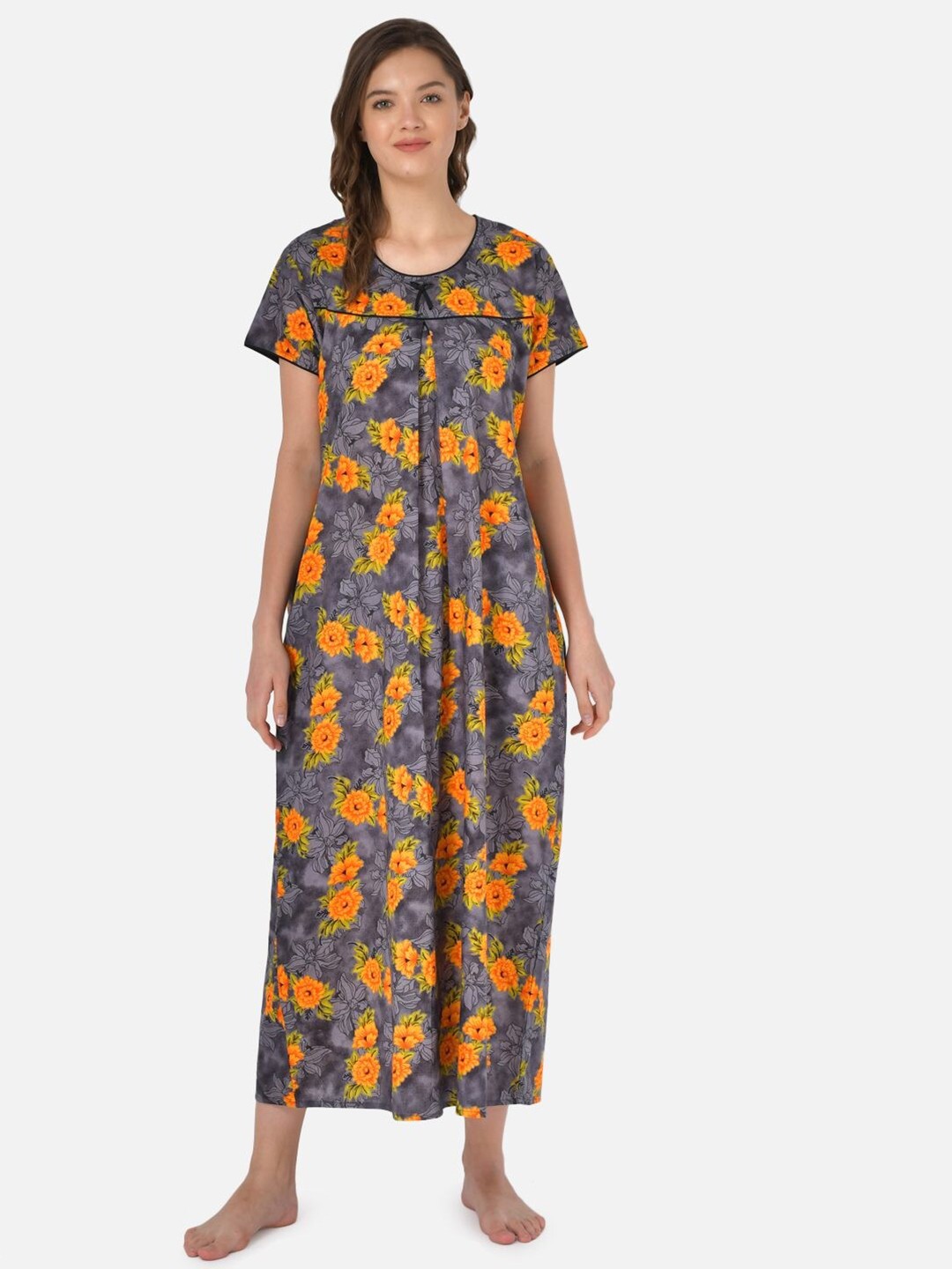 

Klamotten Women Grey and Yellow Printed Maxi Nightdress