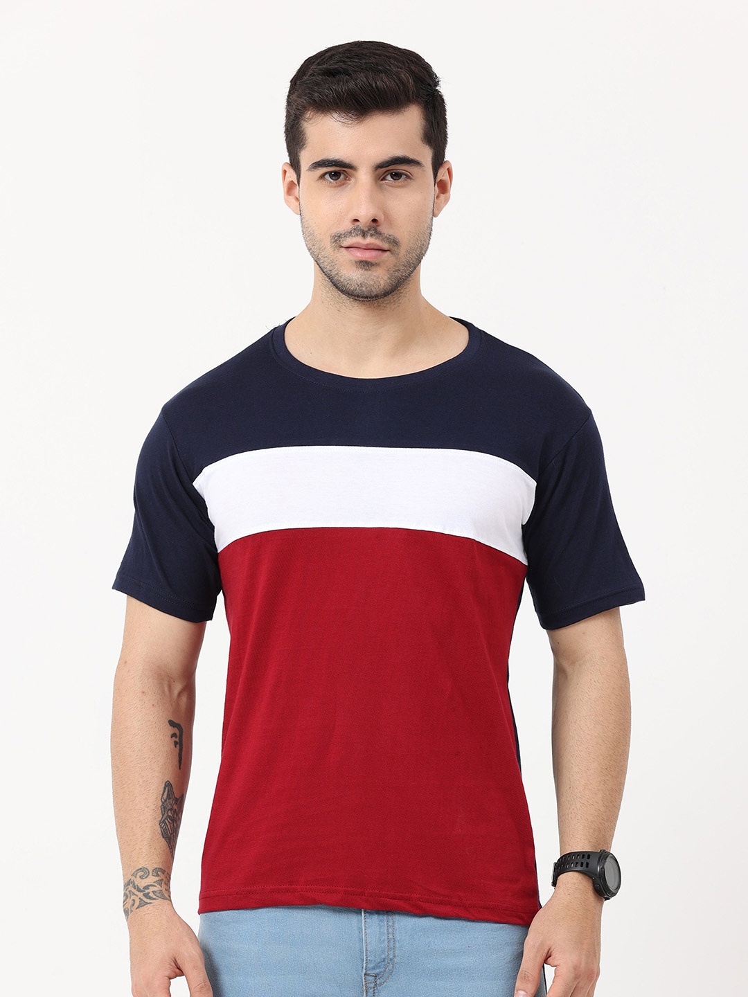 

Fleximaa Men Maroon & White Colourblocked T-shirt