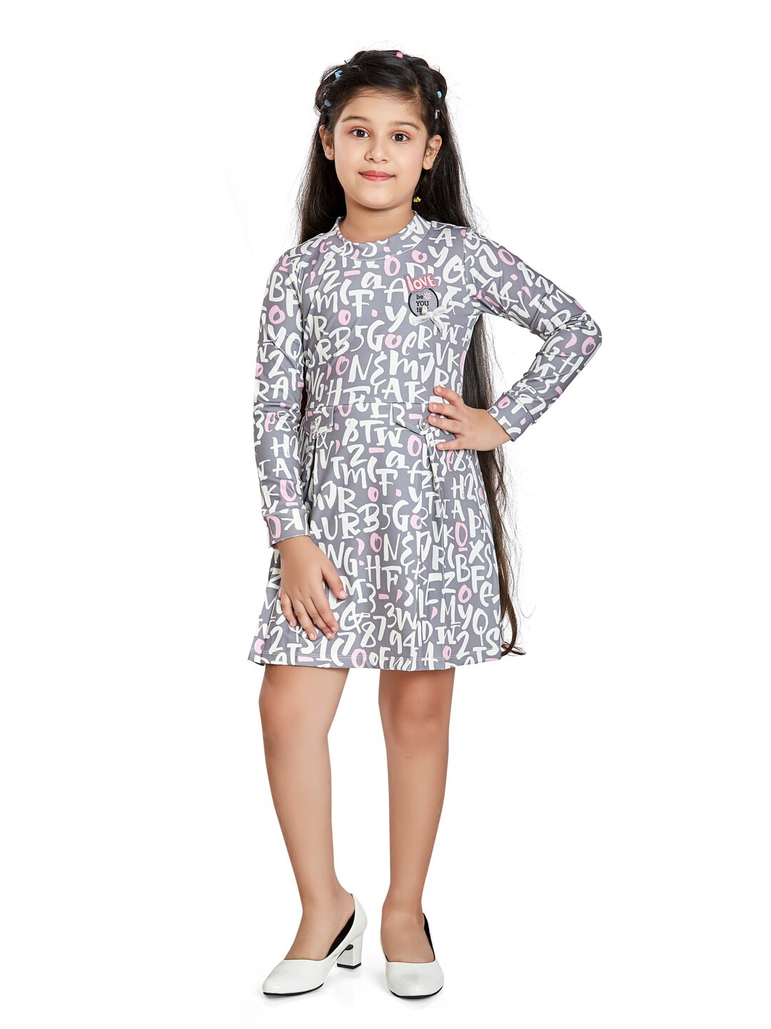 

Peppermint Girls Grey Typhography Printed Applique Dress