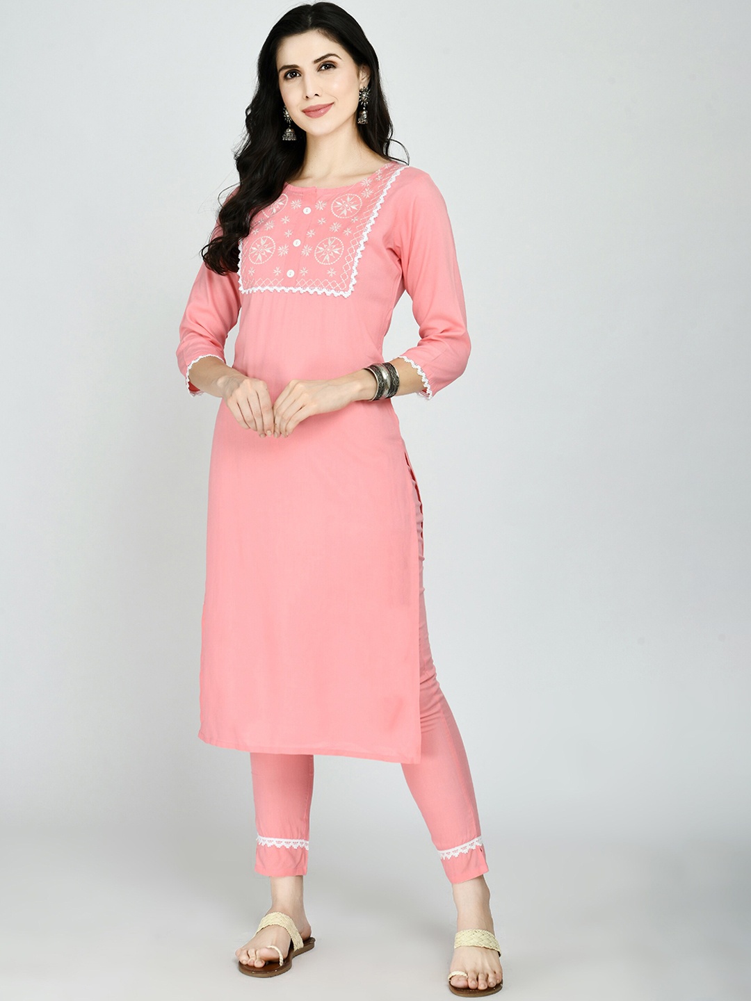 

KALINI Women Peach-Coloured Yoke Design Kurta with Trousers
