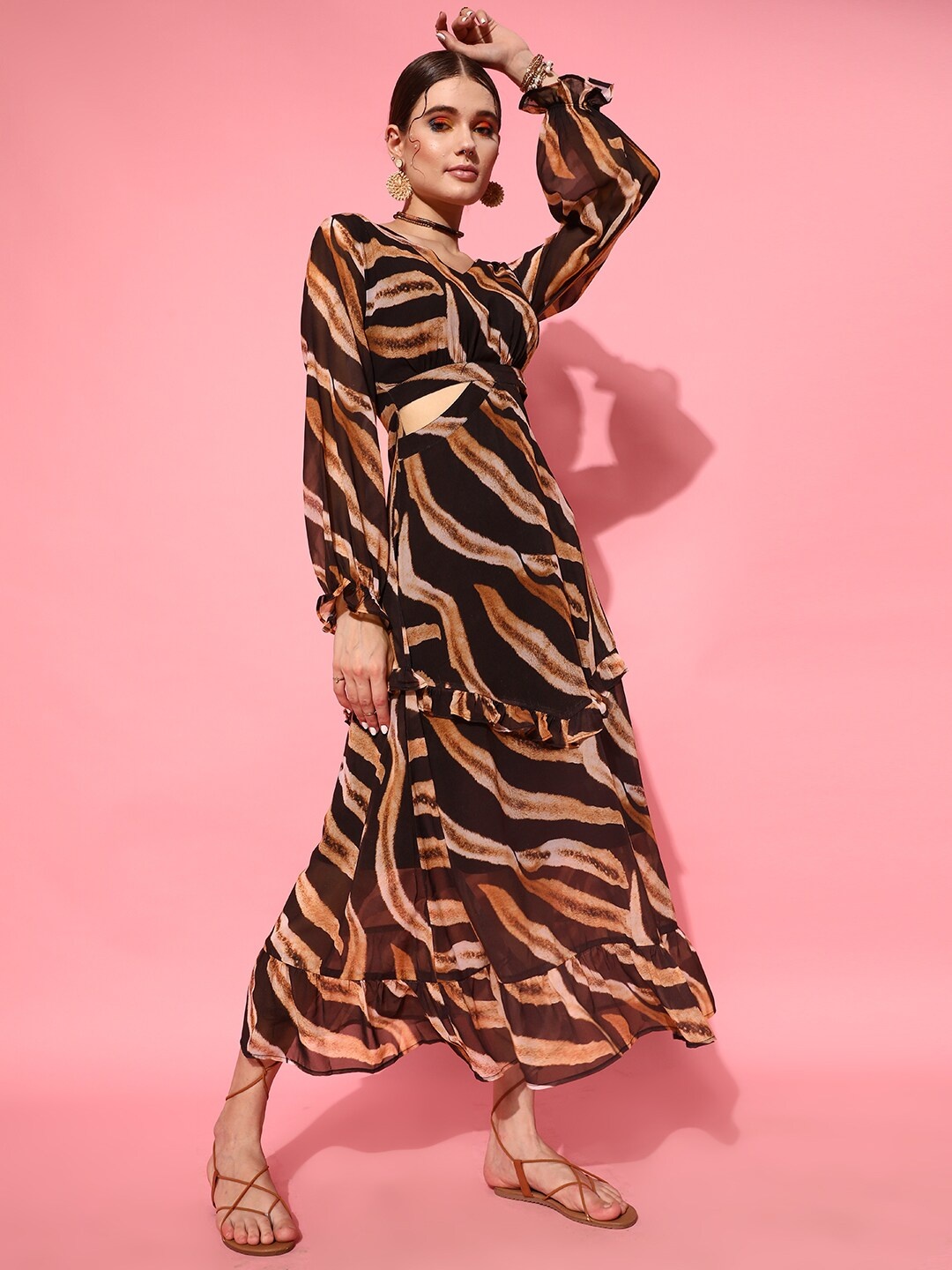 

STREET 9 Black Animal Striped Georgette Empire Midi Dress