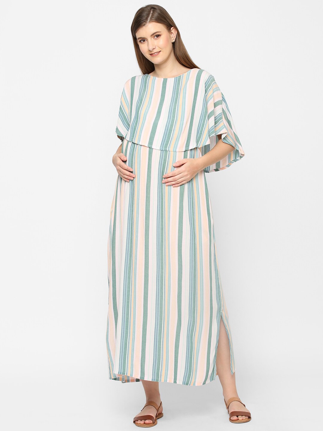 

Mystere Paris Green Striped Maternity Maxi Dress