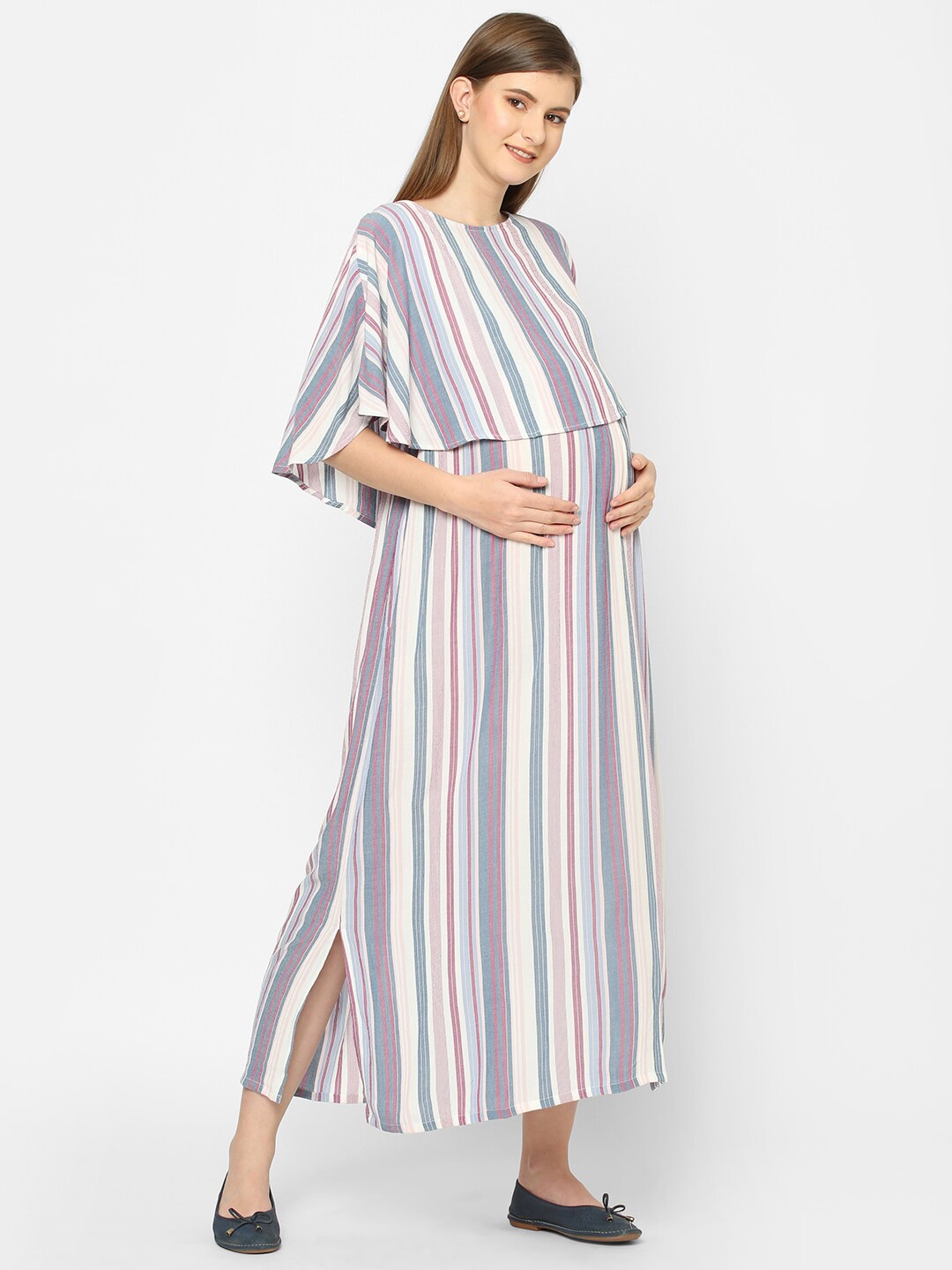 

Mystere Paris Women Pink & Grey Striped Maternity Maxi Dress