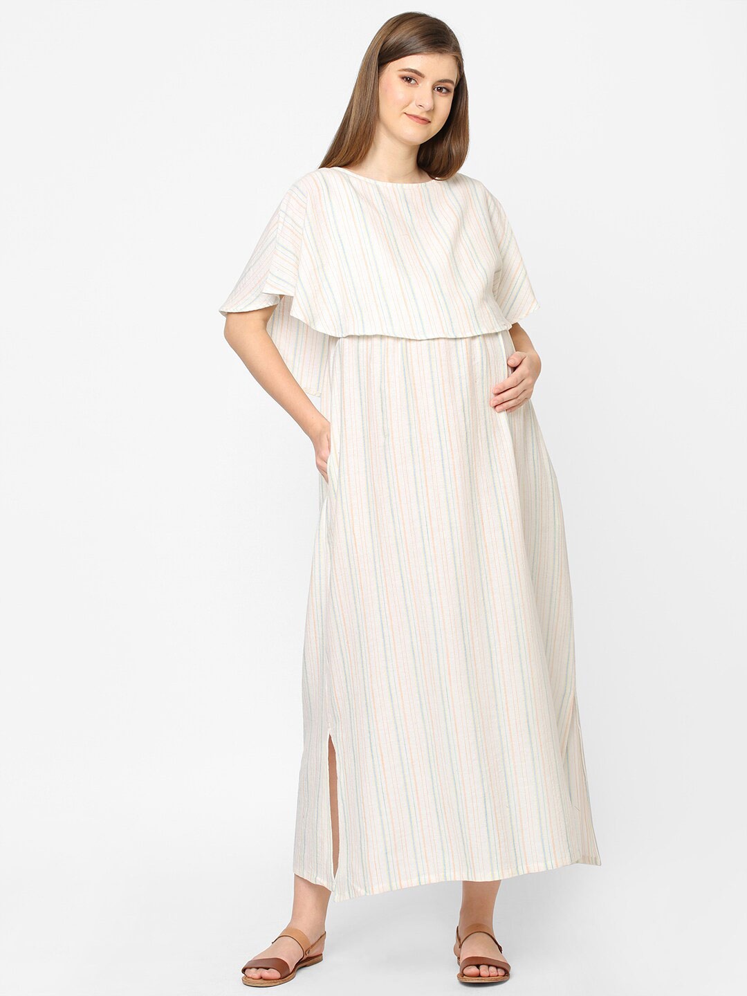 

Mystere Paris Women Off White Striped Maternity Maxi Midi Dress