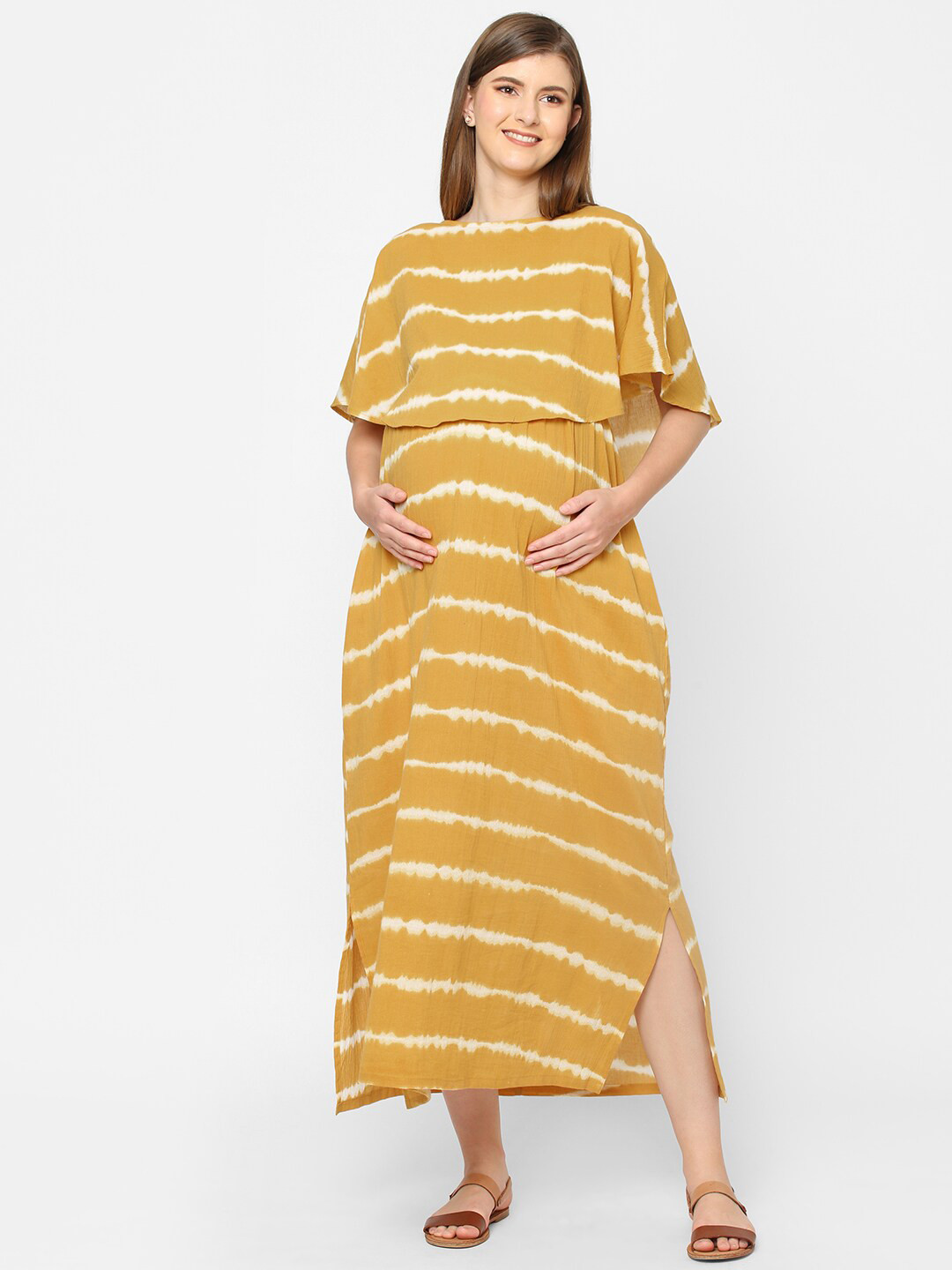 

Mystere Paris Mustard Yellow Striped Maternity Maxi Dress
