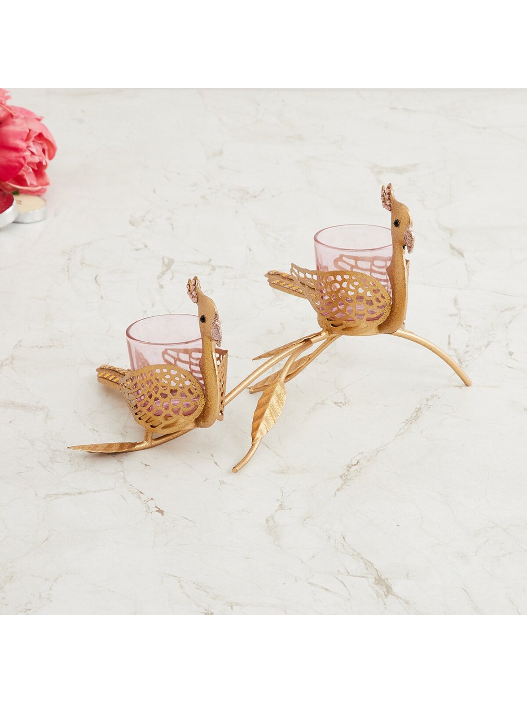 

Home Centre Pack Of 2 Gold-Toned Parrot T-Light Candle Holder With Glass