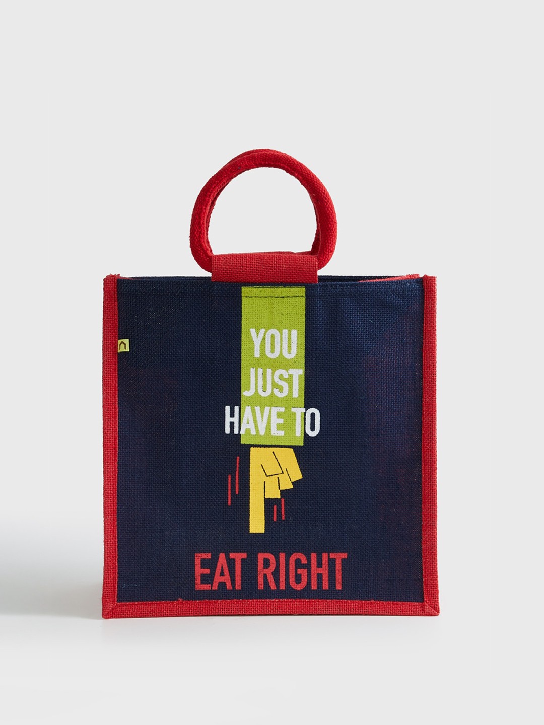 

Home Centre Red & Navy Blue Printed Jute Lunch Bag