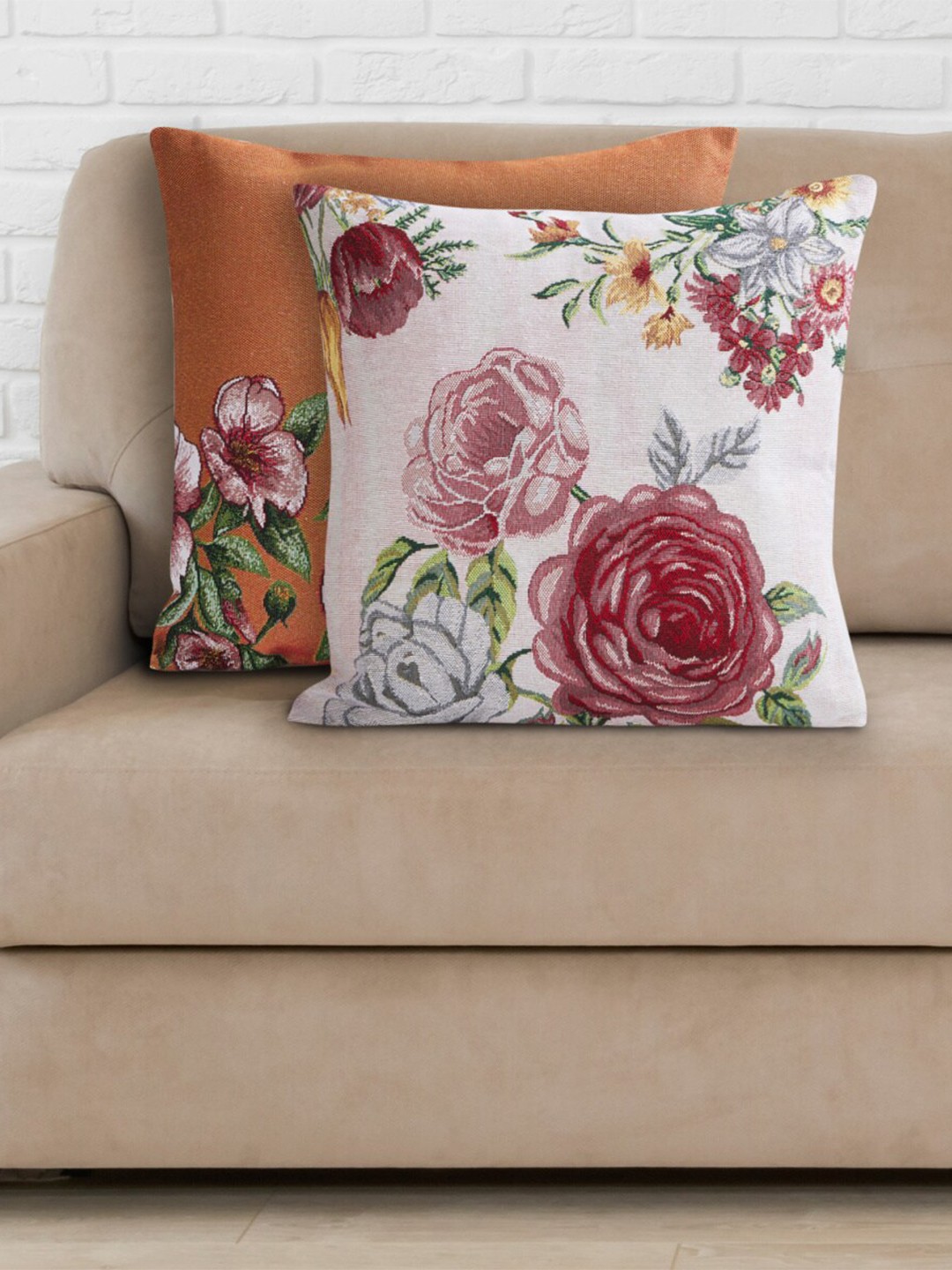 

Home Centre White & Brown Set of 2 Floral Square Cushion Covers