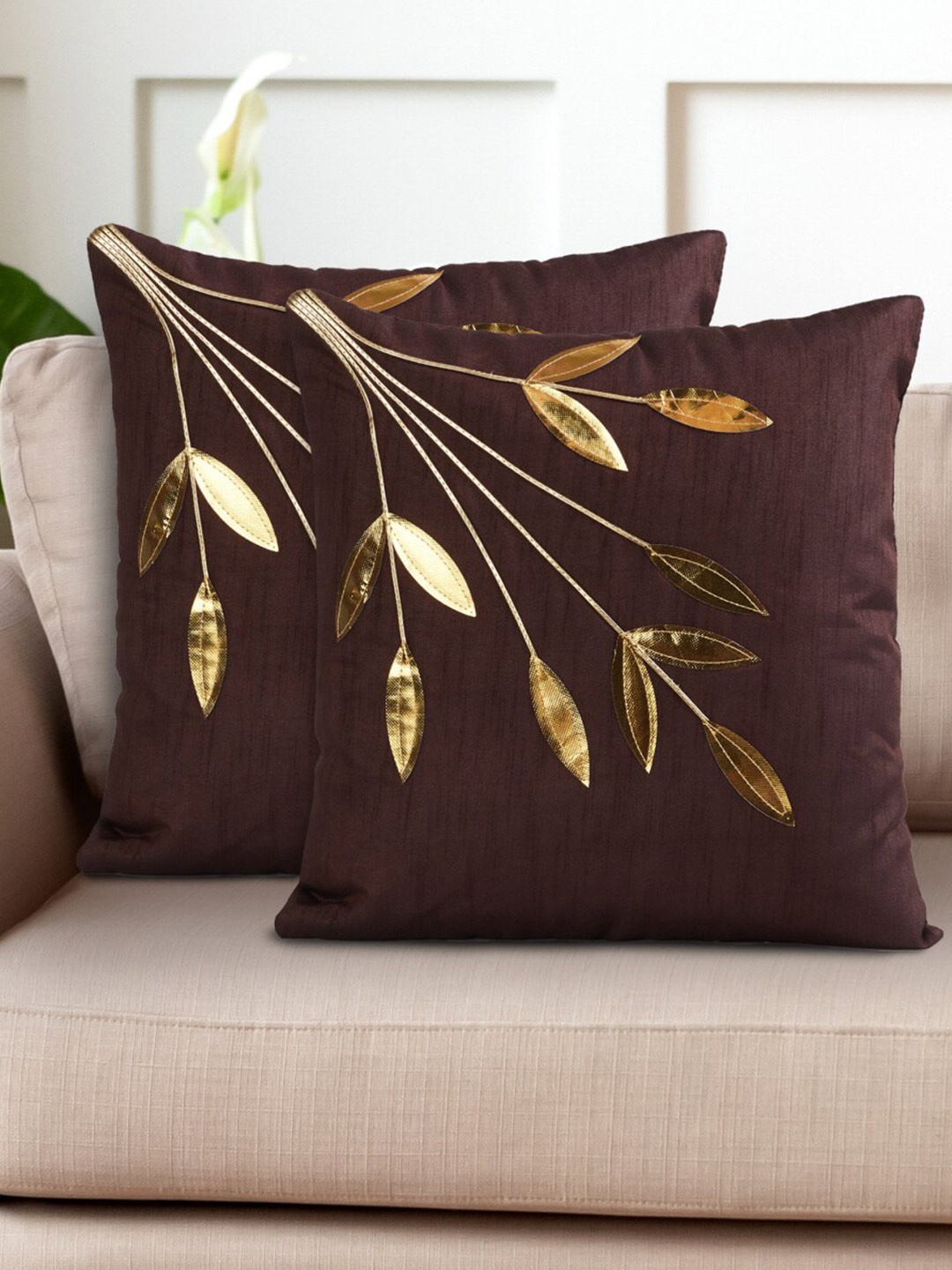 

Home Centre Brown & Gold-Toned Set of 2 Floral Square Cushion Covers