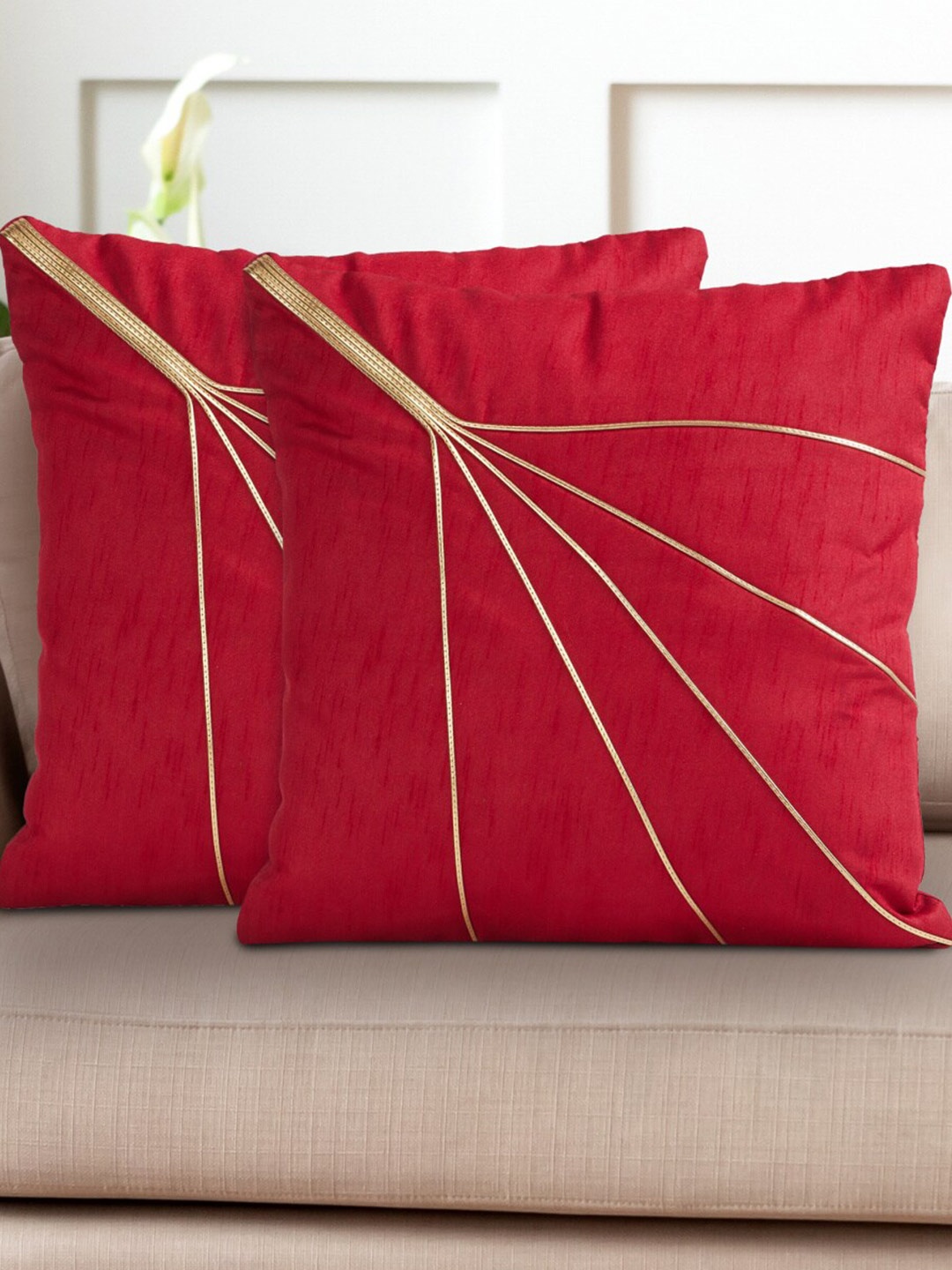 

Home Centre Red & Gold-Toned Set of 2 Striped Square Cushion Covers