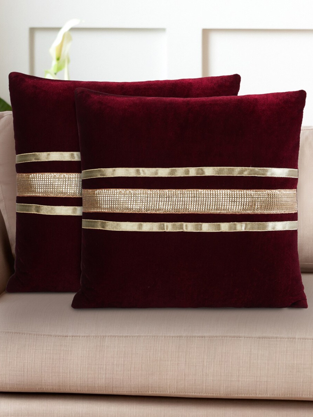 

Home Centre Maroon & Gold-Toned Set of 2 Striped Square Cushion Covers