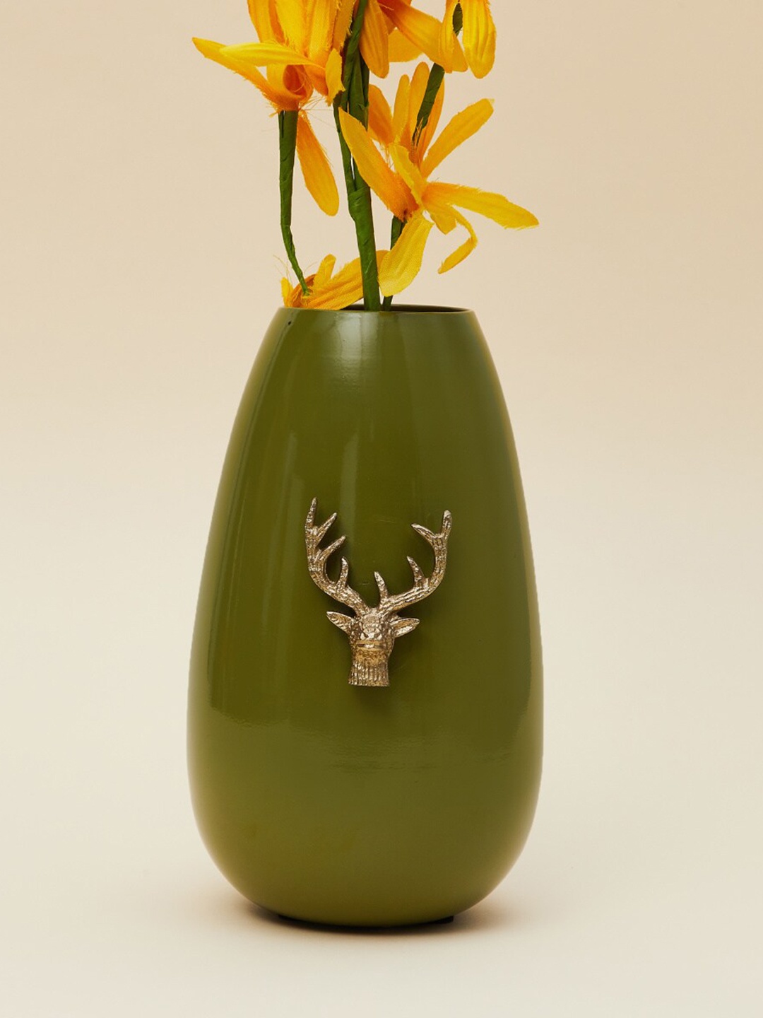 

Home Centre Olive Green & Gold-Toned Splendid Reindeer Metal Oval Vase