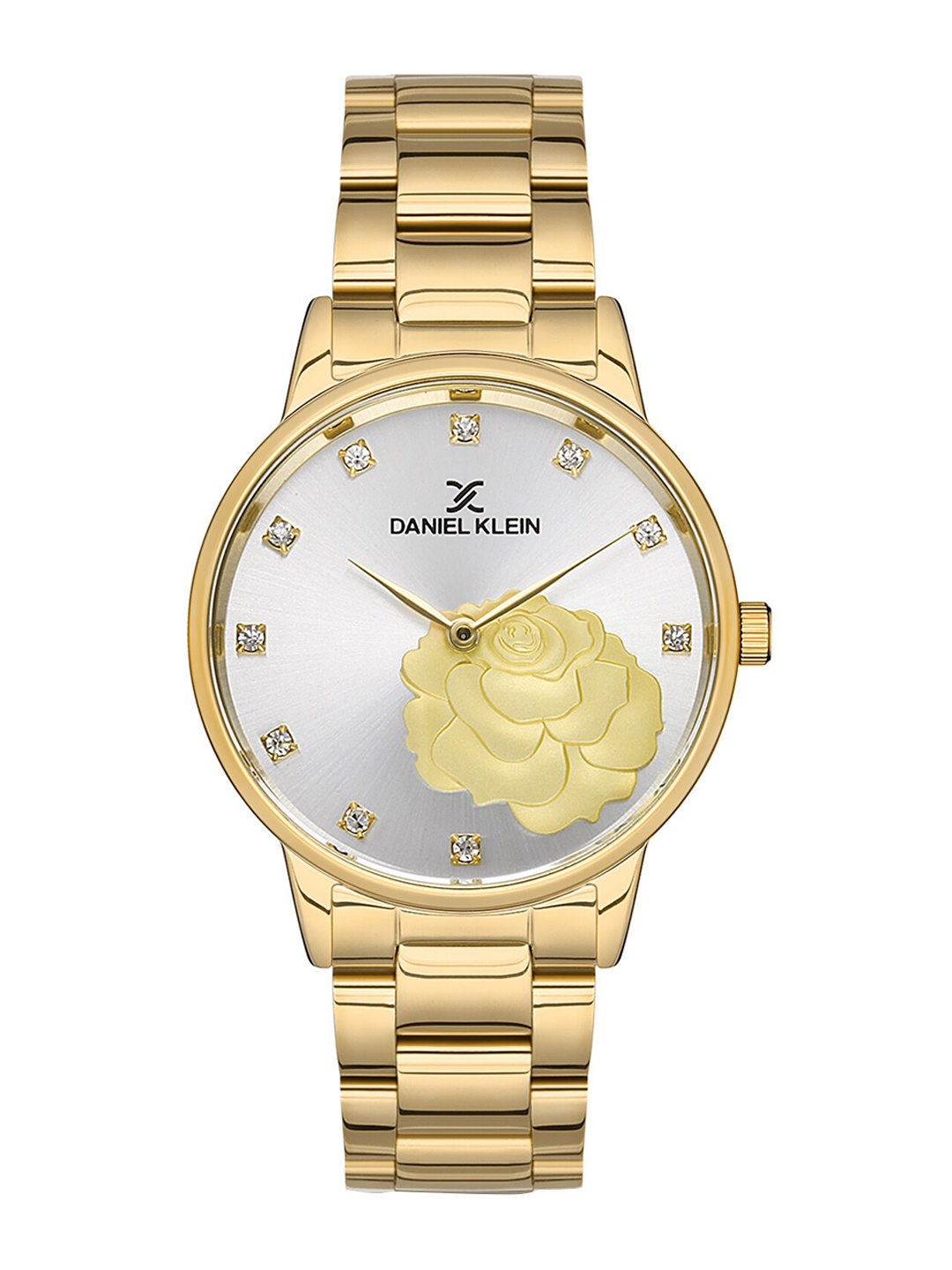 

Daniel Klein Women Silver-Toned Embellished Dial & Gold Toned Stainless Steel Bracelet Style Straps Analogue Watch