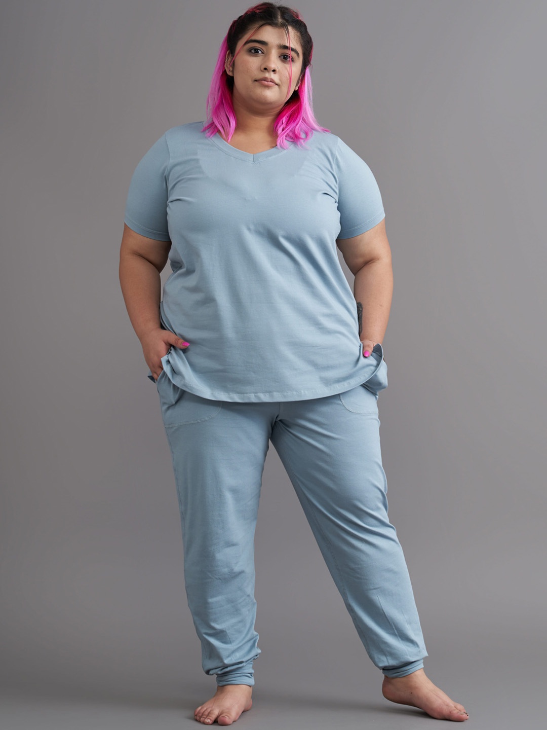 

SPIRIT ANIMAL Women Plus Size Blue Solid Lounge T-shirt