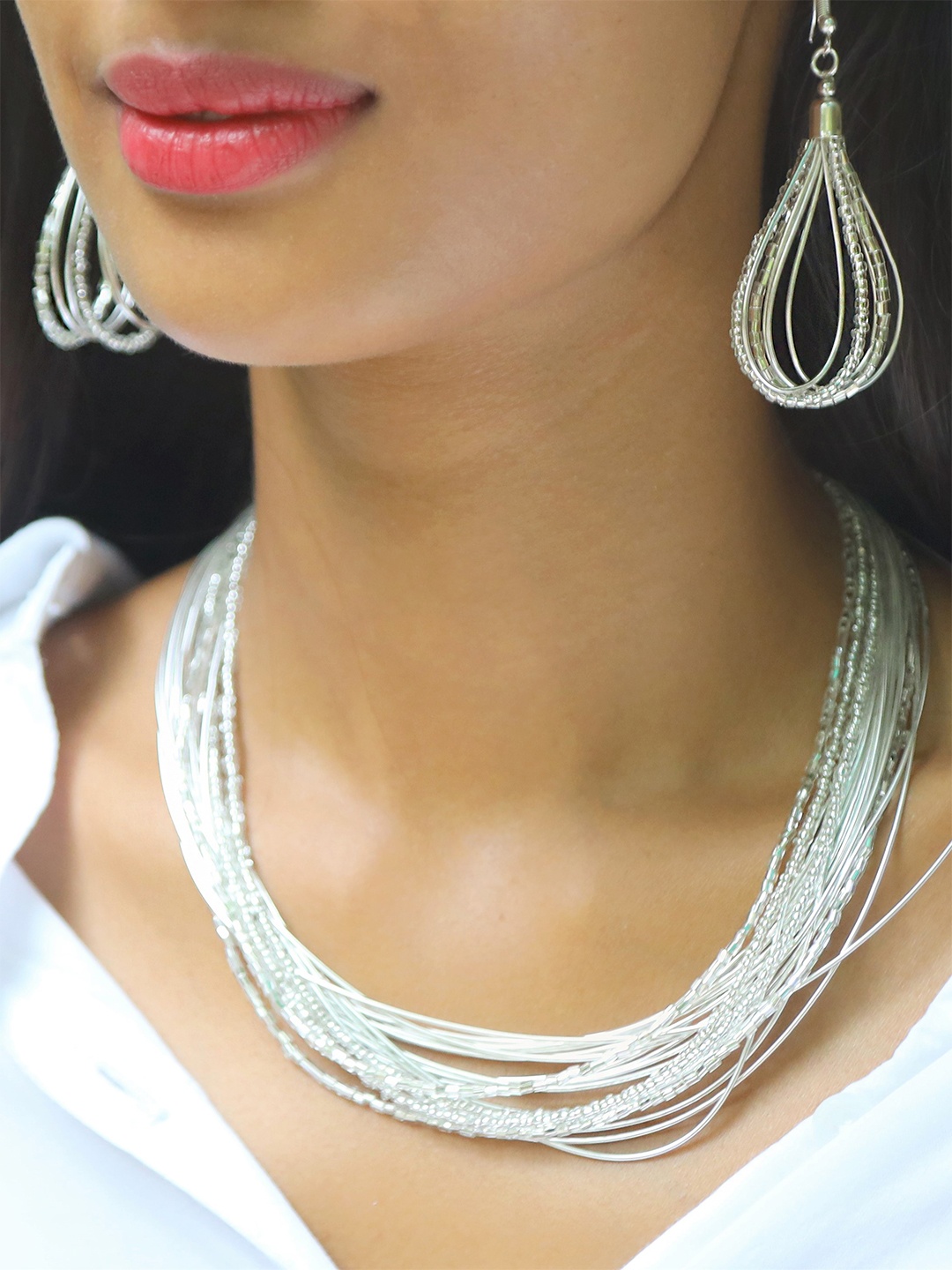 

Ayesha Set Of 2 Beaded Necklace & Earrings, Silver