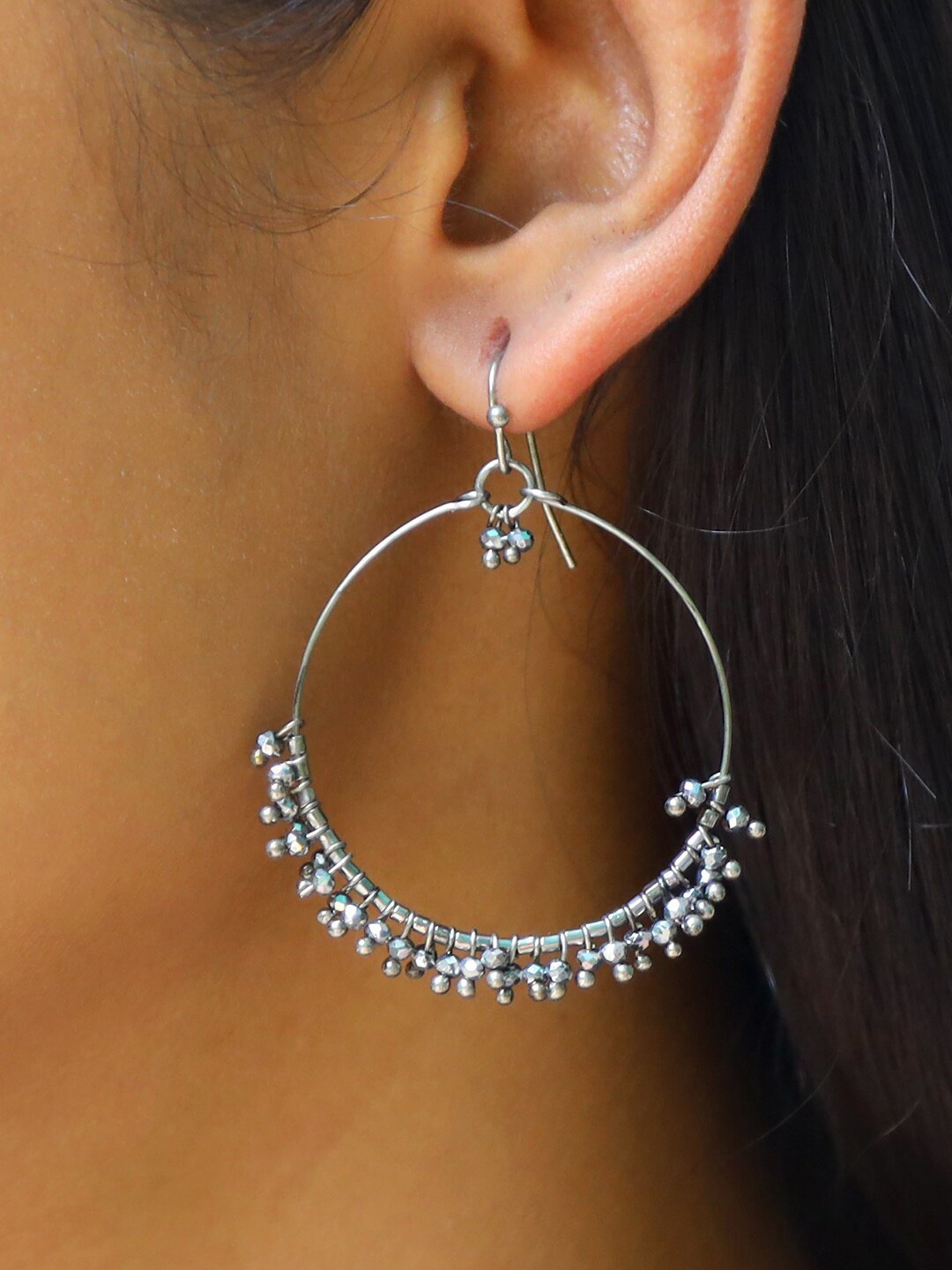 

Ayesha Silver-Toned Oversized Oval Hook Drop Earrings