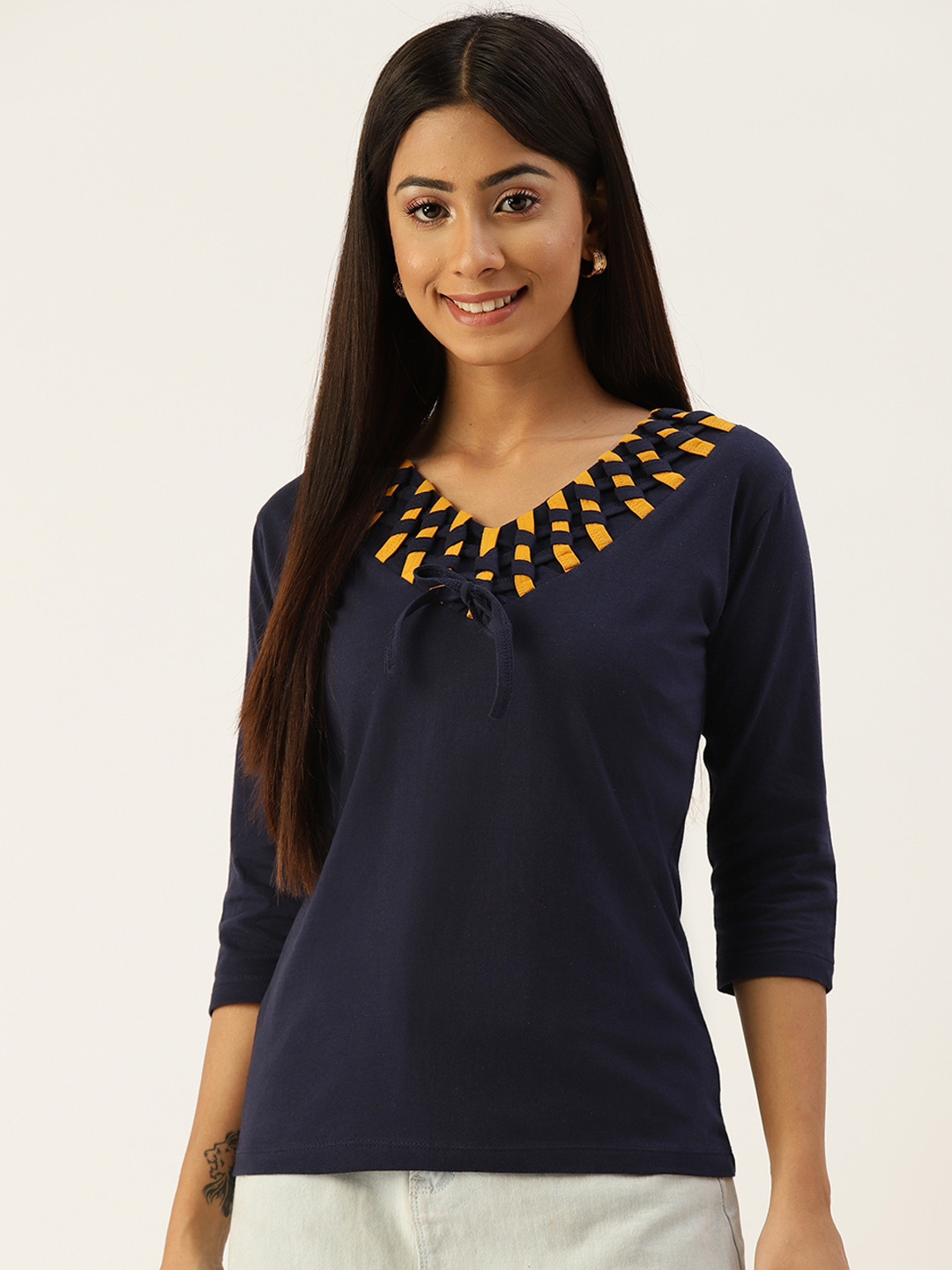 

Kushi Flyer Women Navy Blue & Yellow V-Neck Cotton T-shirt