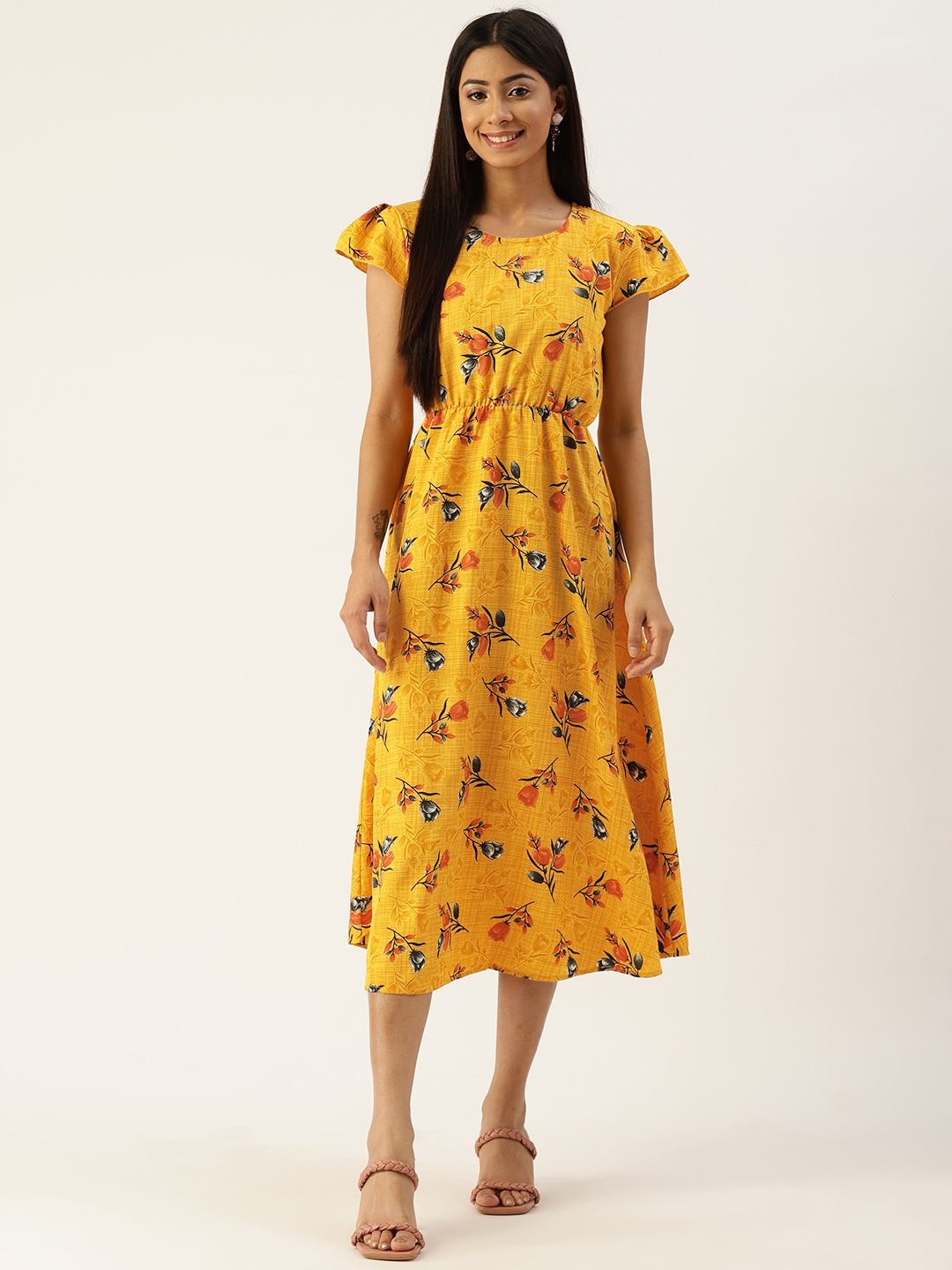 

Kushi Flyer Mustard Yellow Floral Crepe A-Line Midi Dress