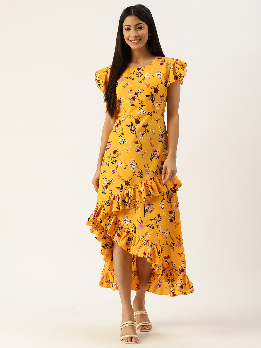

Kushi Flyer Mustard Yellow Floral Crepe A-Line Midi Dress