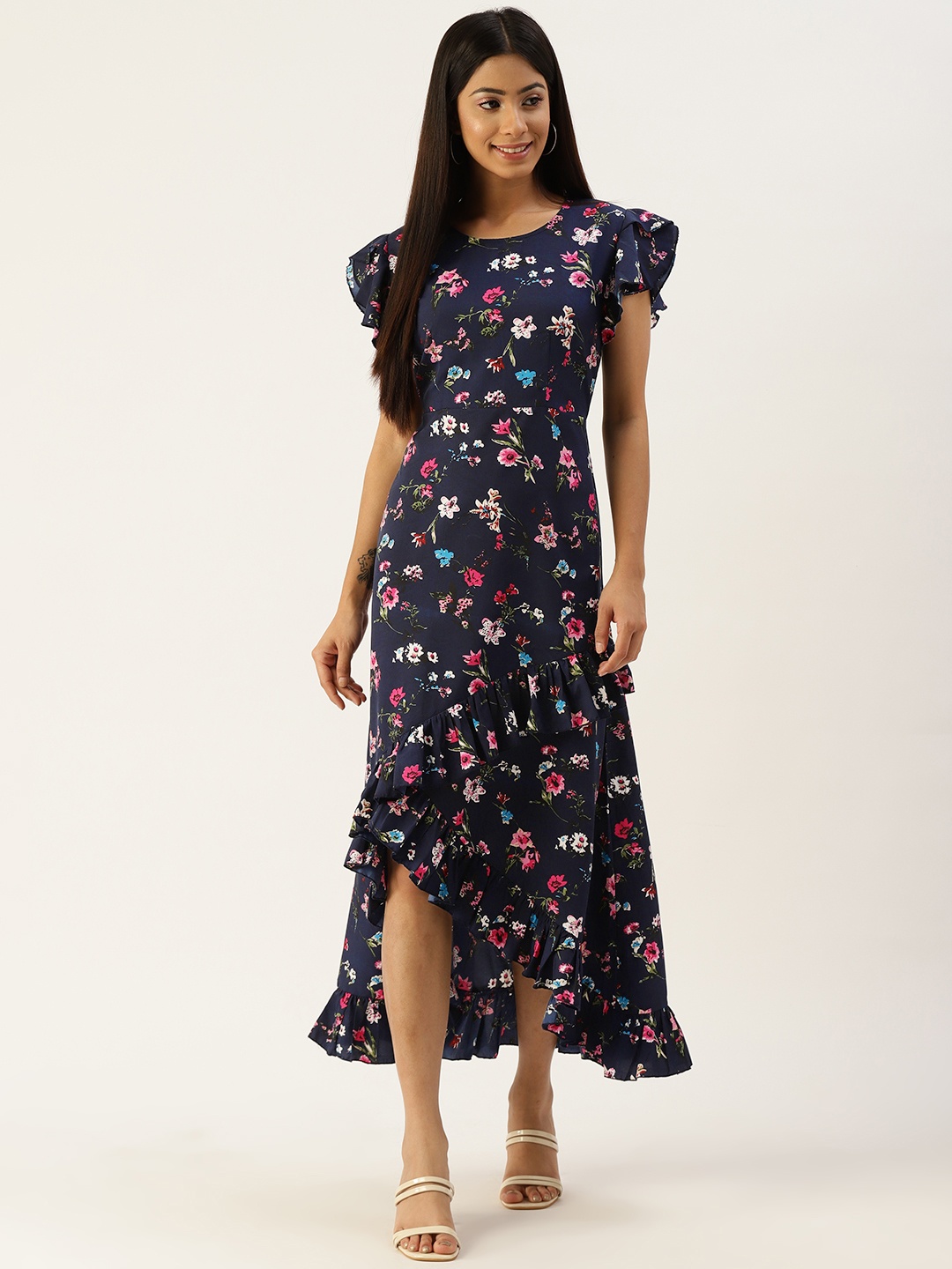 

Kushi Flyer Navy Blue Floral Crepe A-Line Midi Dress