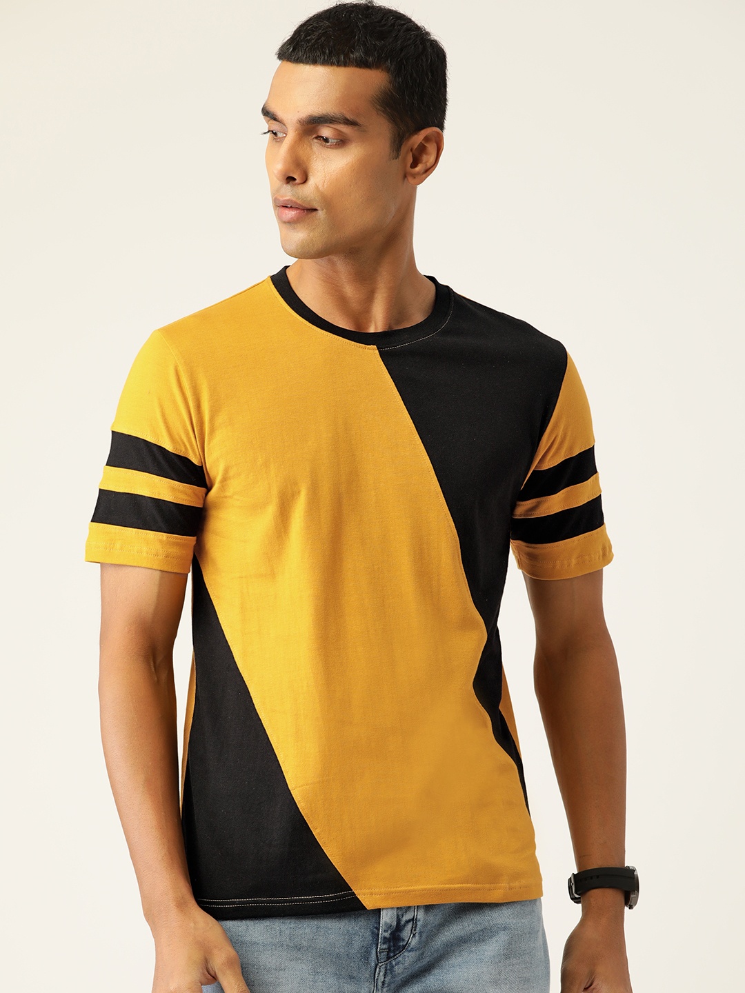 

Kushi Flyer Men Mustard Yellow & Black Colourblocked Pure Cotton T-shirt