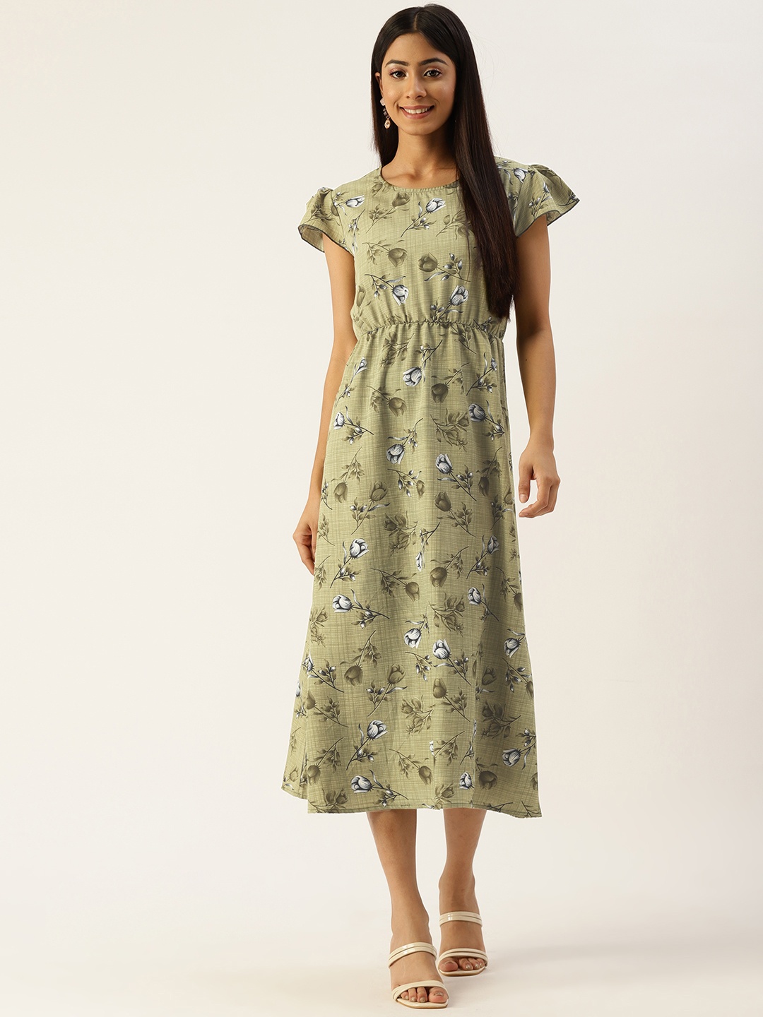 

Kushi Flyer Olive Green Floral Crepe A-Line Midi Dress