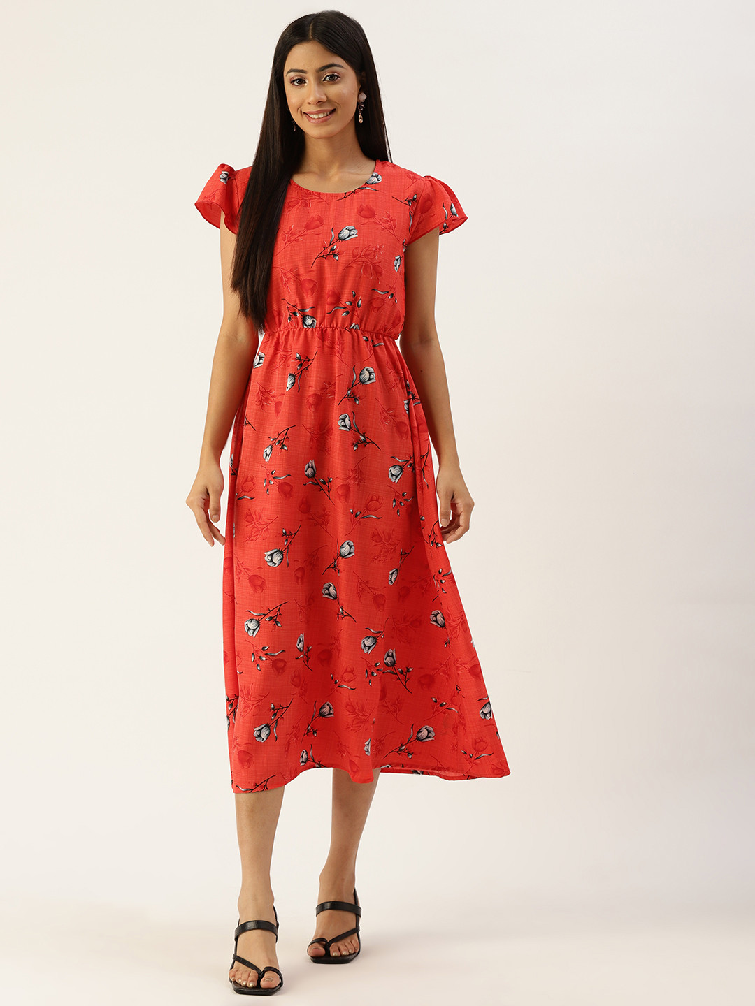 

Kushi Flyer Red Floral Crepe A-Line Midi Dress