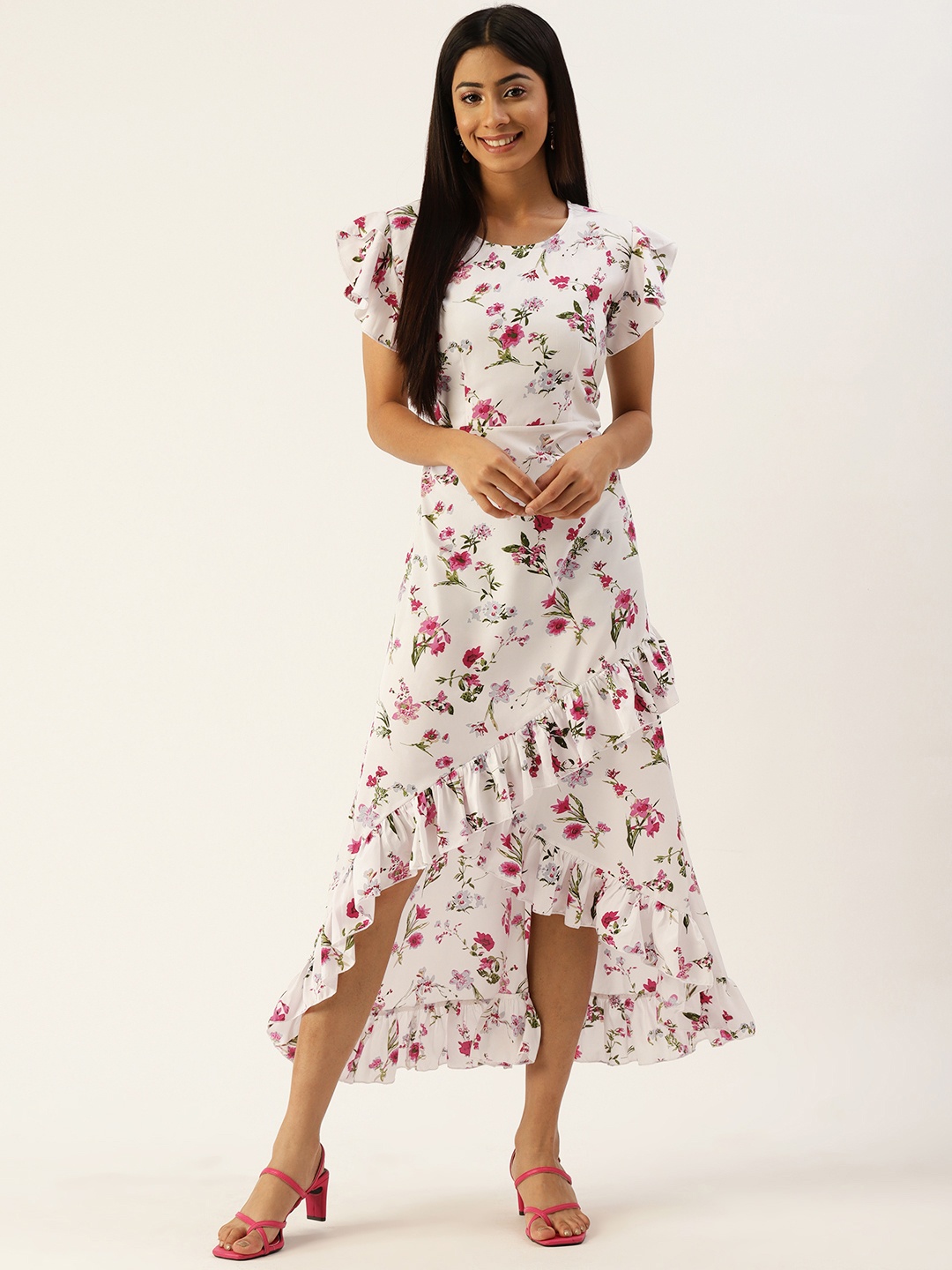 

Kushi Flyer White & Pink Floral Crepe A-Line Midi Dress